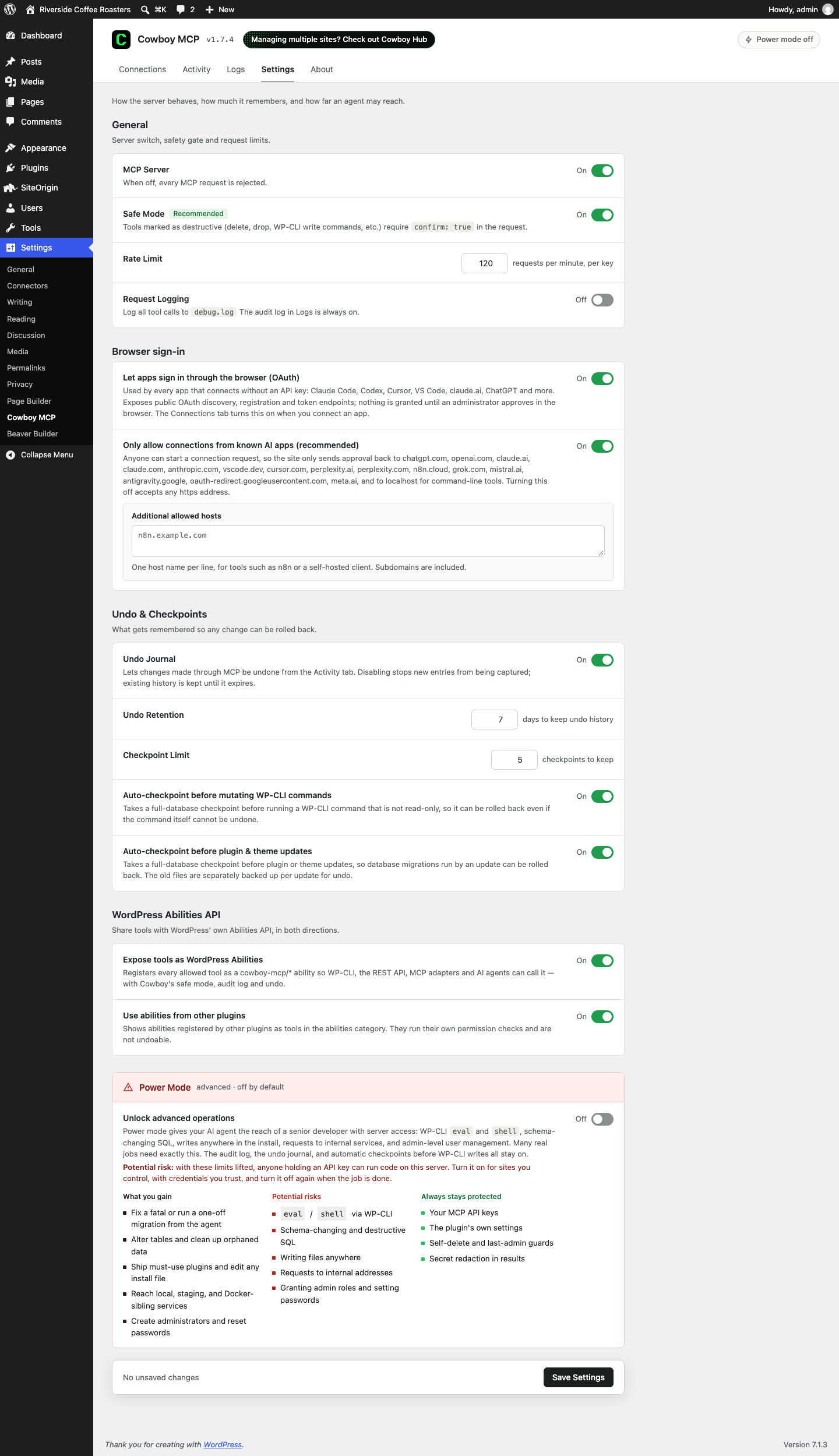 Settings tab - turn the server on or off, require Safe Mode confirmation for destructive actions, turn on Browser sign-in (OAuth) for apps that connect without a key, set a per-key rate limit, tune the undo journal and database checkpoints, and opt in to advanced Power Mode.