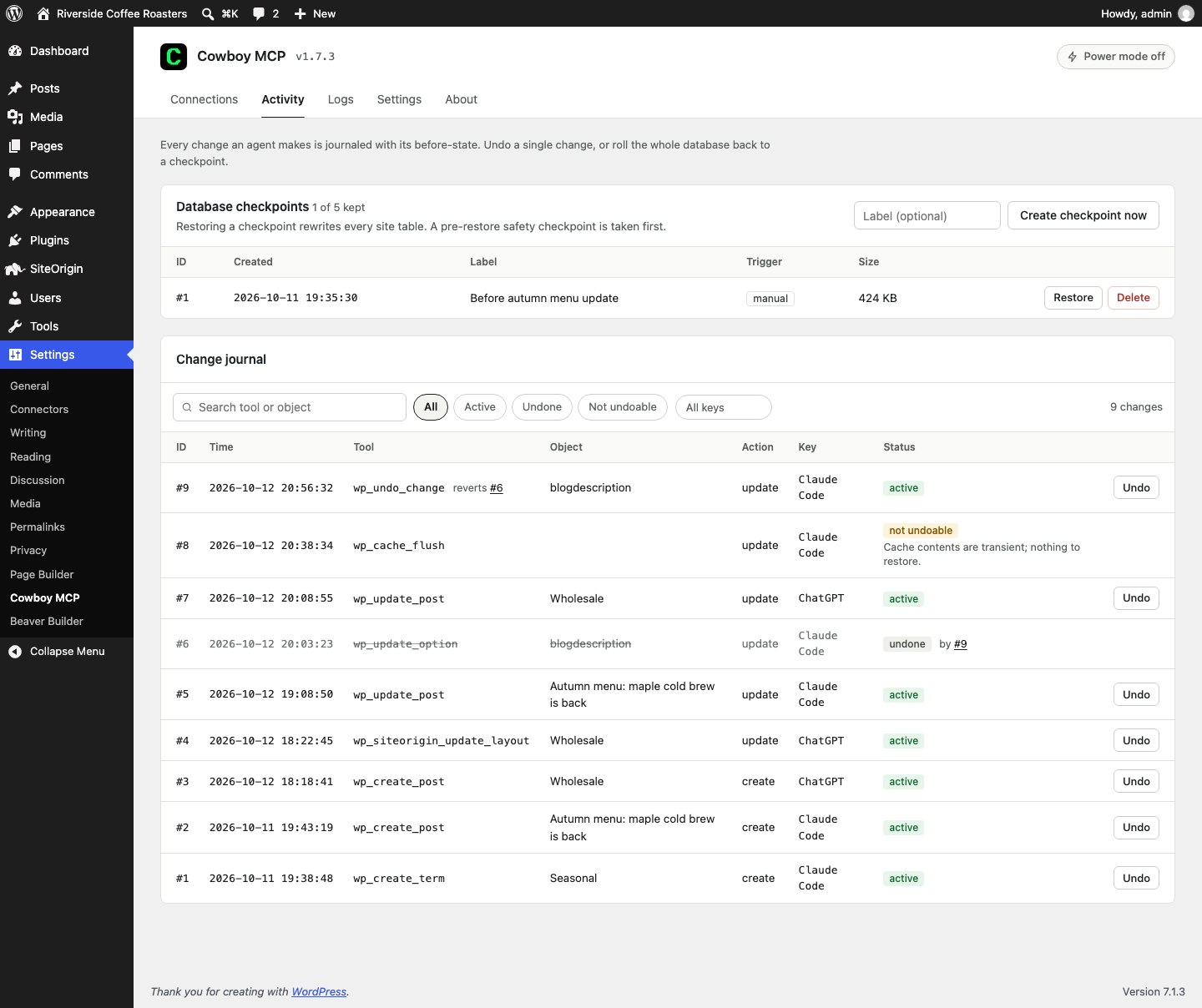 Activity tab - a per-change undo journal: review every change your agents made and roll any of them back individually, plus one-click database checkpoints you can restore the whole site to.