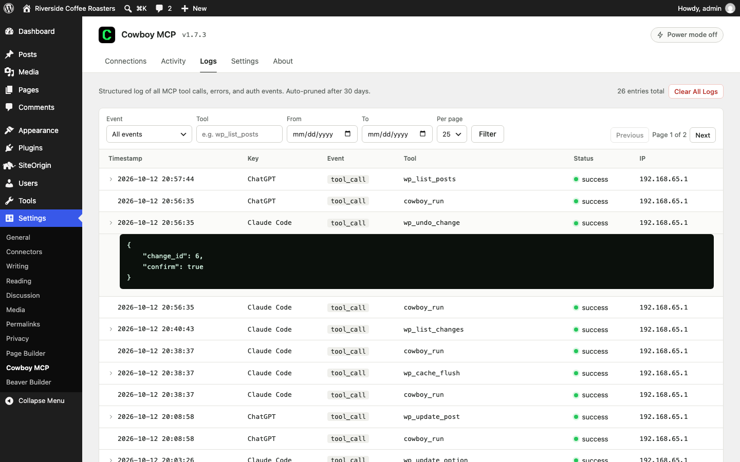 Logs tab - a structured, filterable audit log of every MCP tool call, error, and auth event, auto-pruned after 30 days.