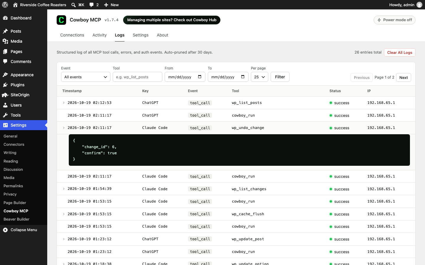 Logs tab - a structured, filterable audit log of every MCP tool call, error, and auth event, auto-pruned after 30 days.