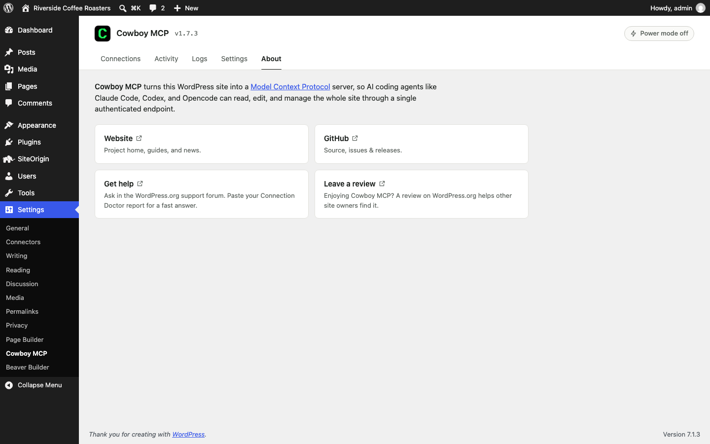 About tab - what Cowboy MCP does, with links to the project site and source.
