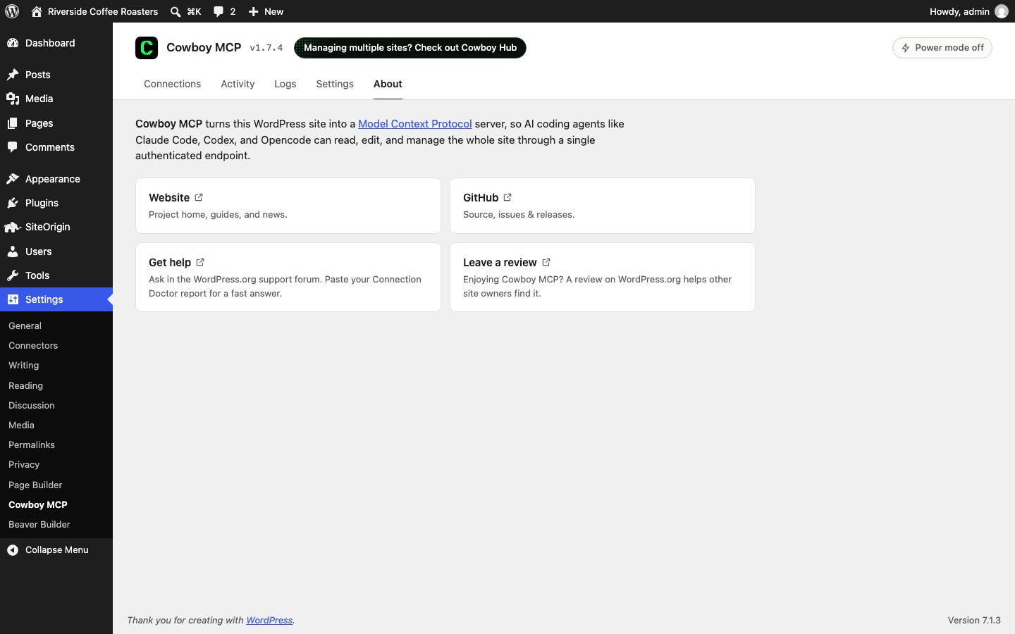 About tab - what Cowboy MCP does, with links to the project site and source.
