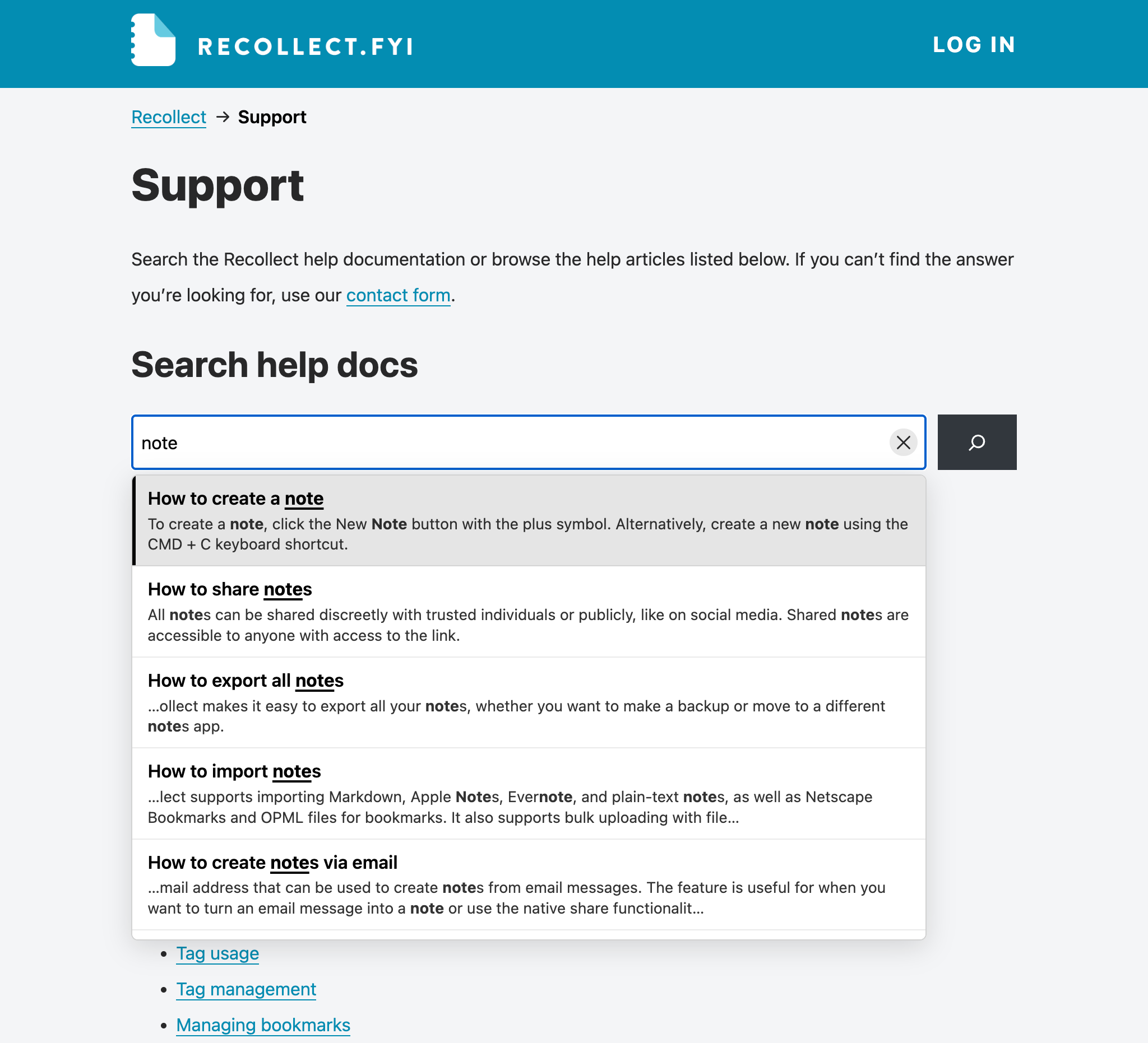 Instant suggestions on the front end. As a visitor types, matching help articles appear below the search box with the query term highlighted in the title and a contextual excerpt from the matching content.