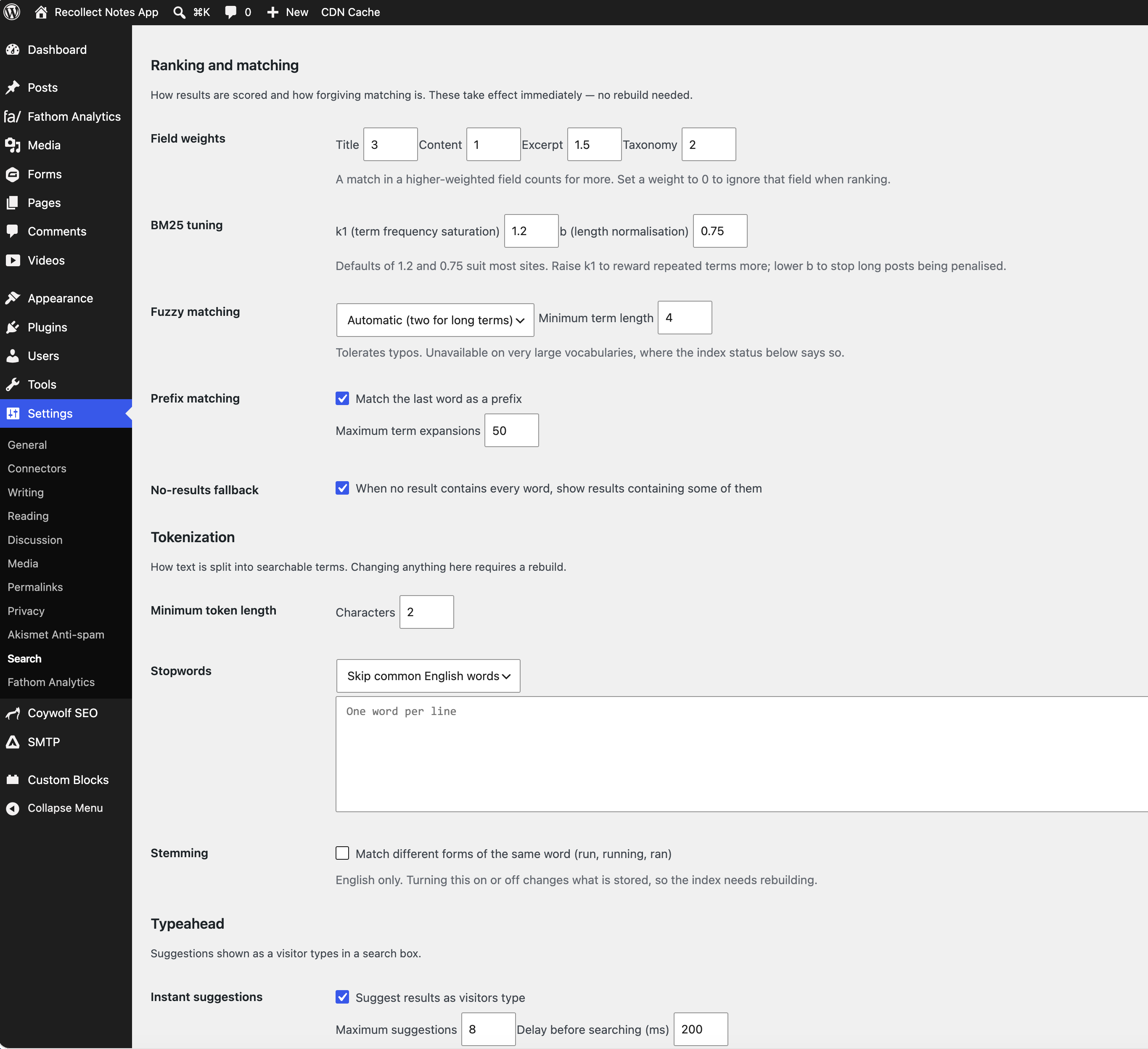 The Search settings screen. Tune field weights, BM25 parameters, fuzzy and prefix matching, tokenization (minimum token length, stopwords, stemming), and typeahead behavior.