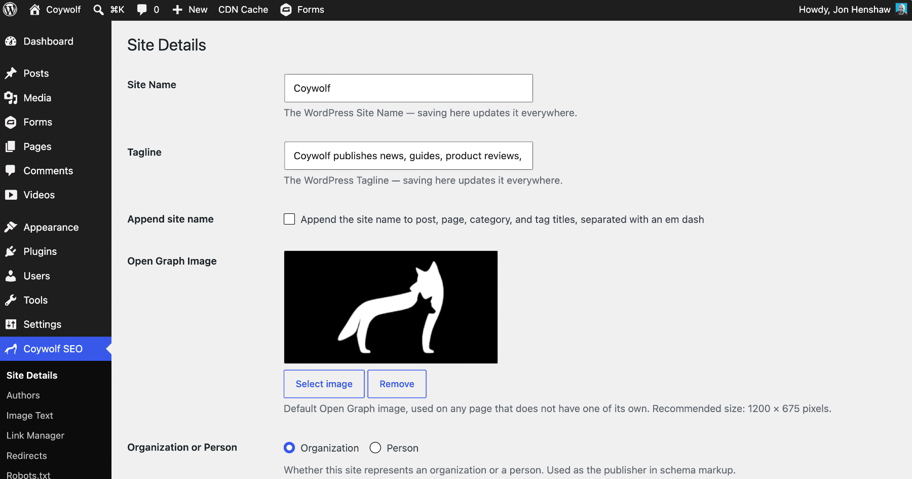 The Site Details screen, where the site name, tagline, default Open Graph image, and Organization-or-Person setting (used as the publisher in schema markup) are configured.