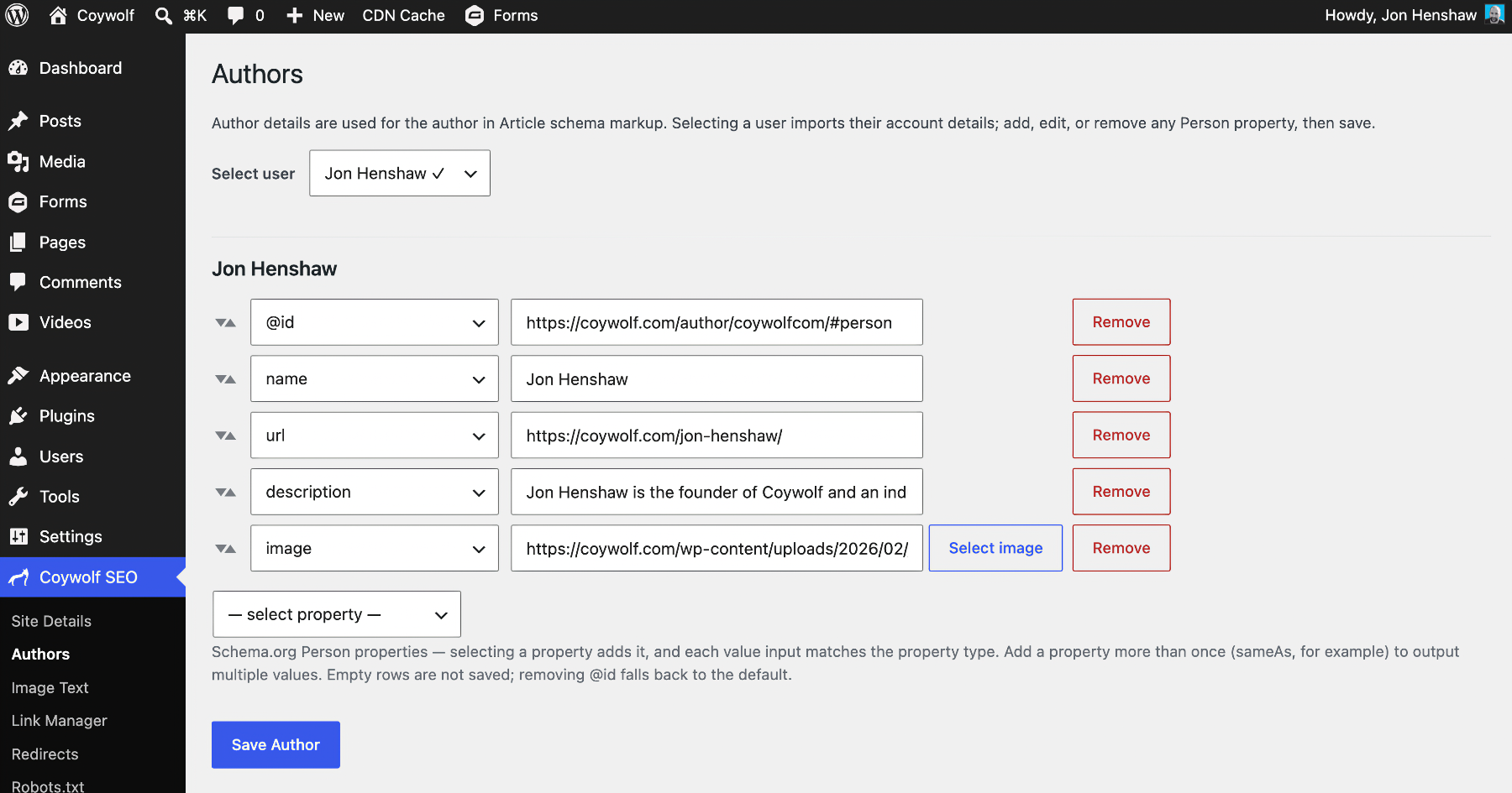 The Authors screen, showing the Schema.org Person properties (@id, name, url, description, image) used for the author in Article schema markup, with controls to add, edit, or remove each property.