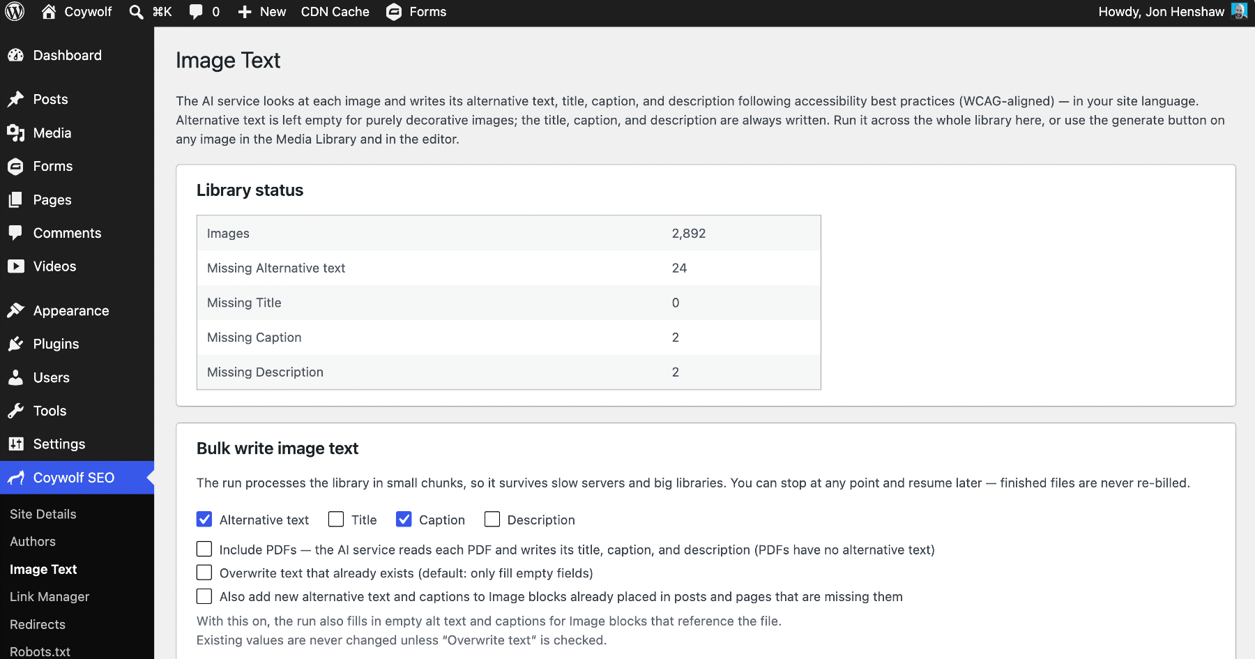 The Image Text screen, with a Library status panel reporting the total image count and the number missing alt text, titles, captions, and descriptions, plus bulk options for AI-written, WCAG-aligned image text.