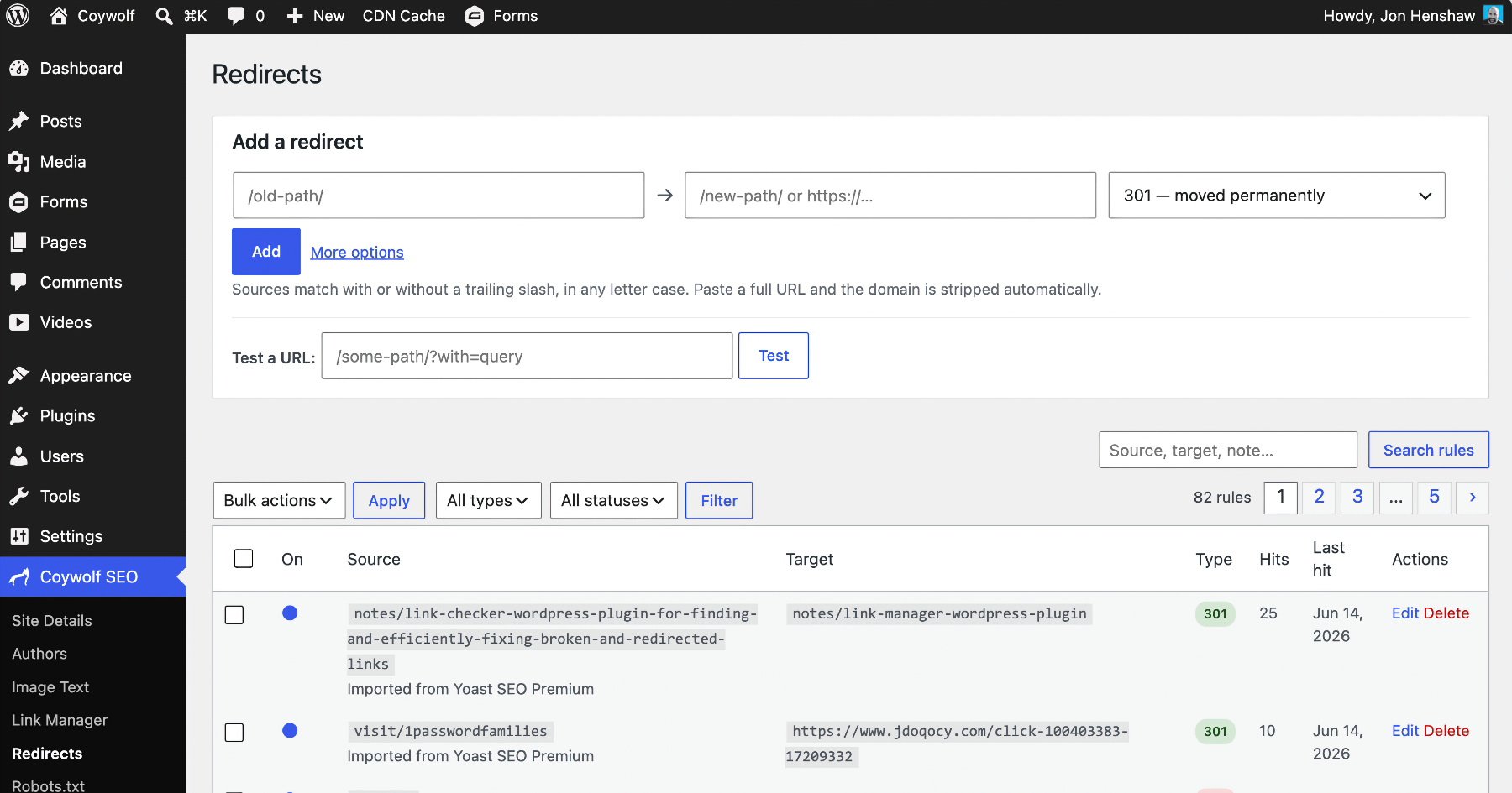 The Redirects screen, with the Add a redirect form, a URL tester, and a table of existing redirect rules showing source, target, type, hits, and last-hit date.