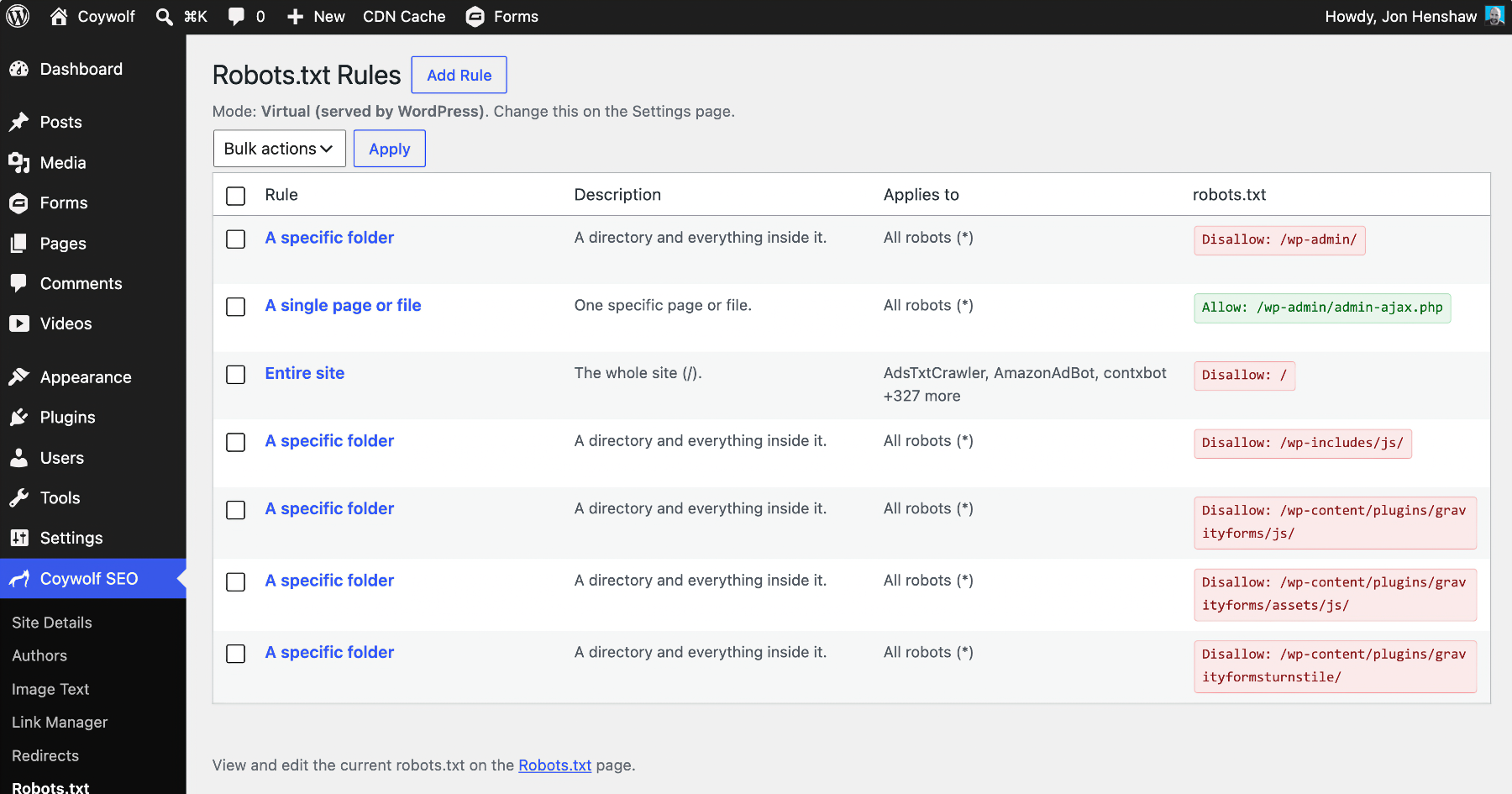 The Robots.txt Rules screen in Virtual mode, listing each rule with its description, the robots it applies to, and the resulting allow or disallow directive.