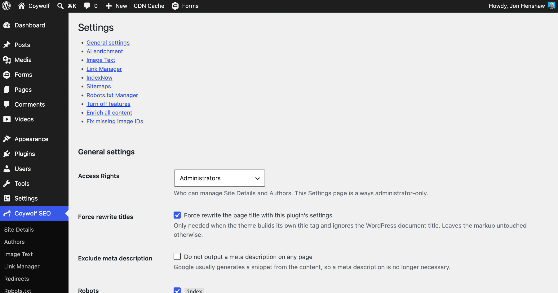 The Settings screen, with an in-page table of contents and the General settings section covering access rights, force-rewrite-titles, meta description, and robots indexing options.