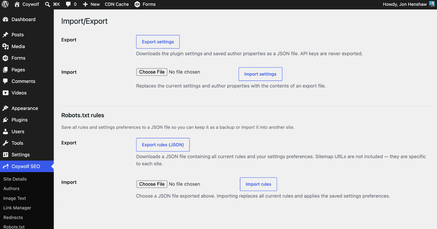 The Import/Export screen, with controls to export and import plugin settings and author properties as JSON, and a separate section for exporting and importing Robots.txt rules.