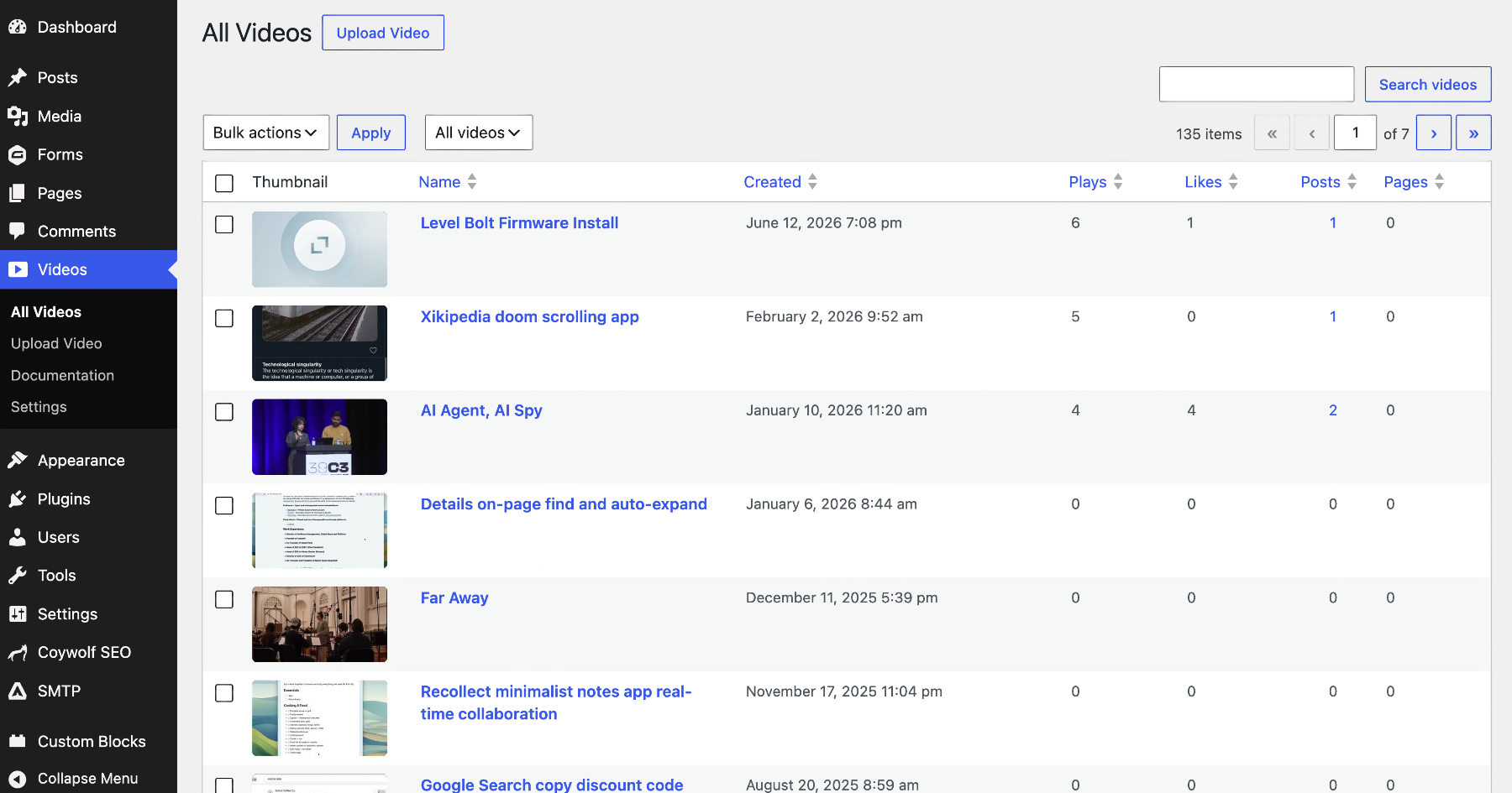 The All Videos library with sortable columns for plays, likes, posts, and pages, plus bulk actions, filtering, and search.