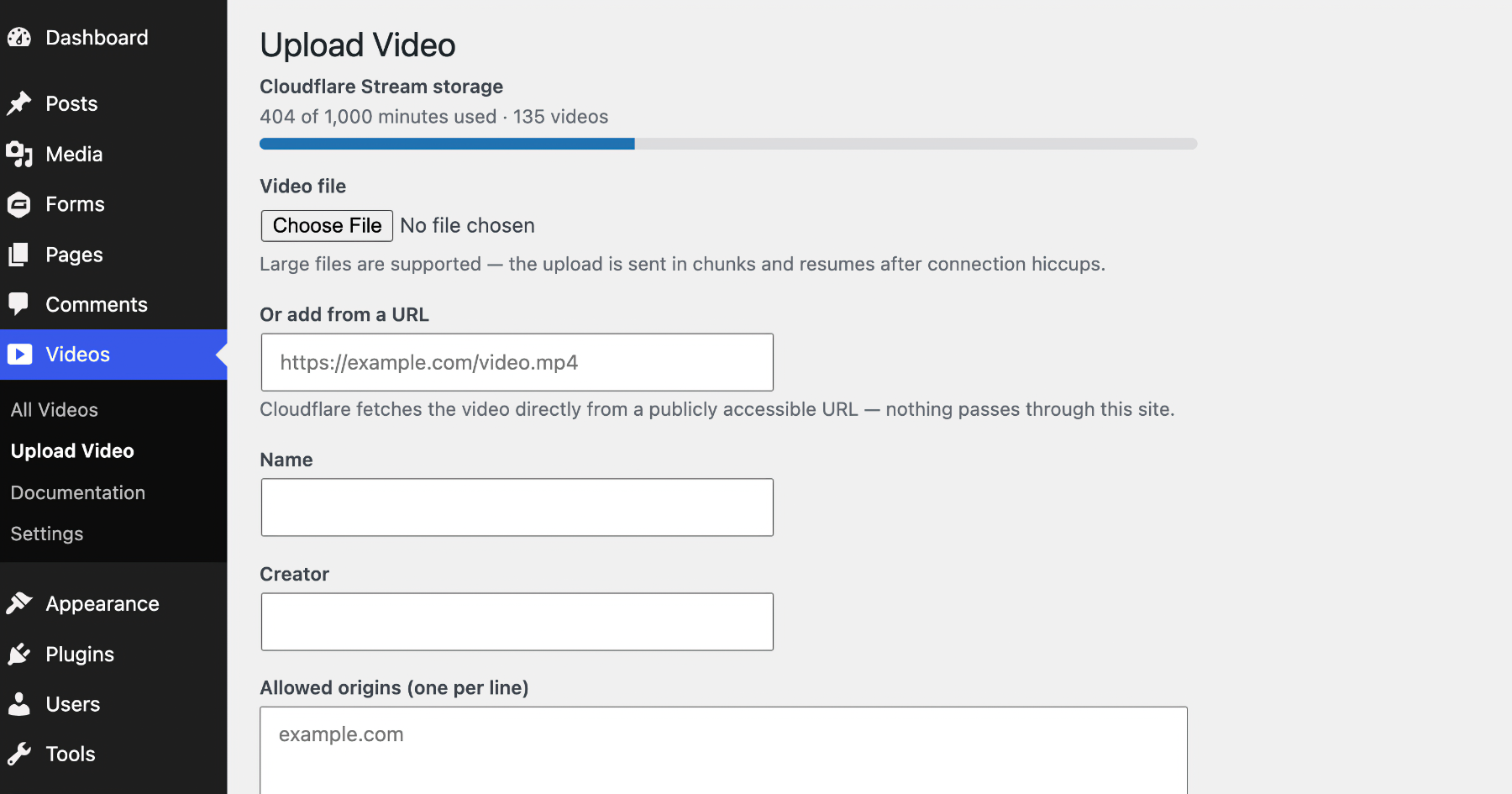 Uploading a video by file or remote URL, with a live Cloudflare Stream storage meter.