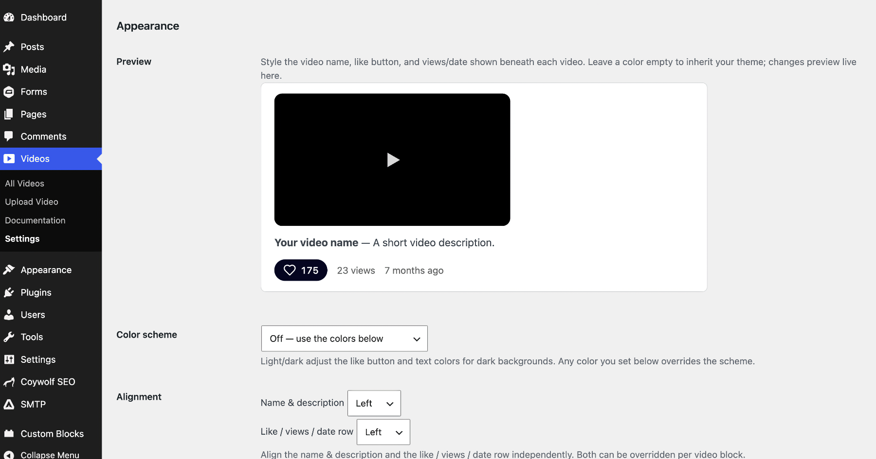 Appearance settings with a live preview, color scheme, and alignment controls for the video block.
