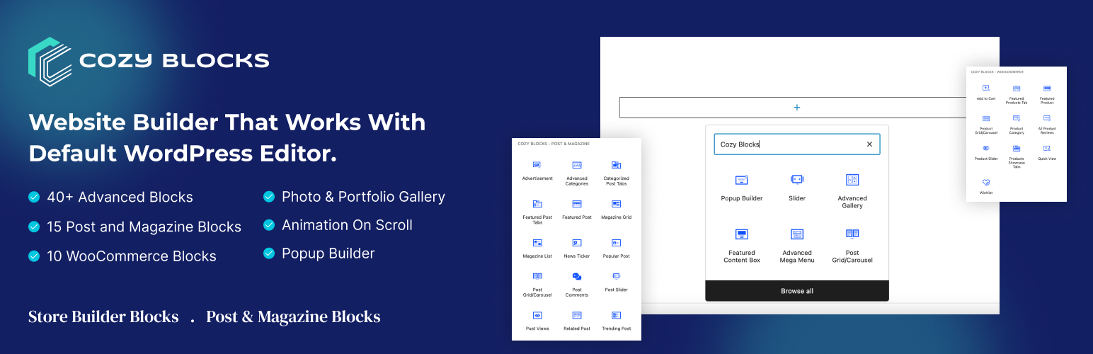 WordPress 外掛 Cozy Blocks – Page Builder for Gutenberg & Site Editor with Post Blocks, WooCommerce Blocks, Magazine Blocks & WordPress Gutenberg Blocks 的封面圖片。