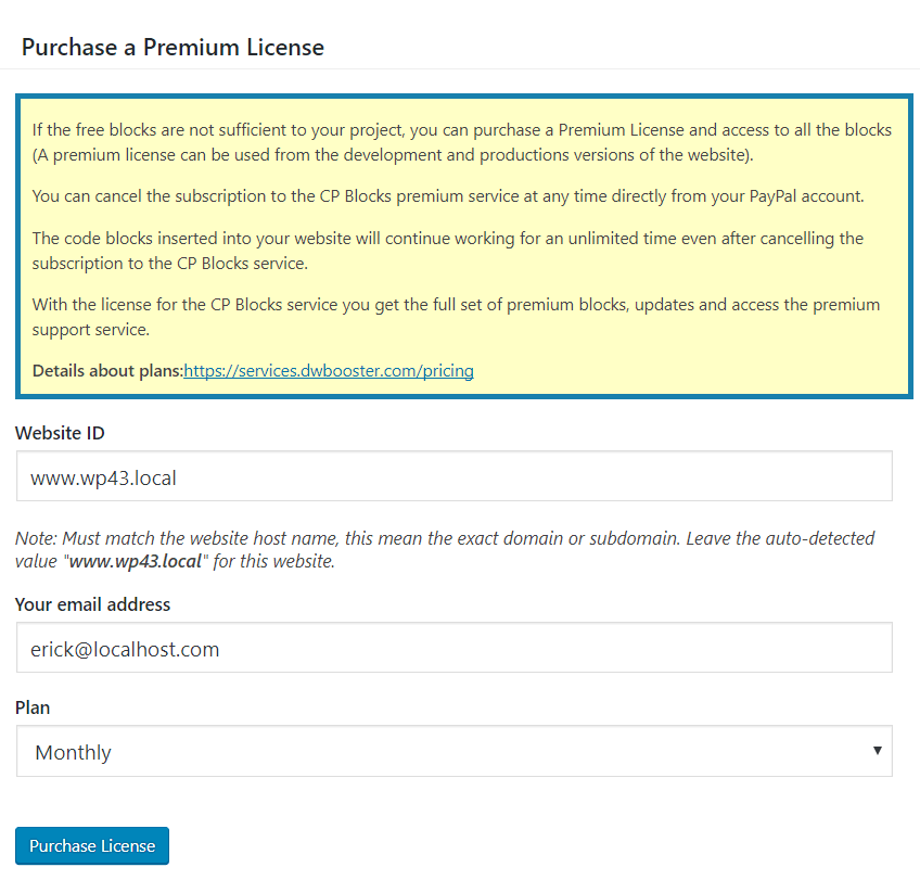 Settings page - obtaining a license.