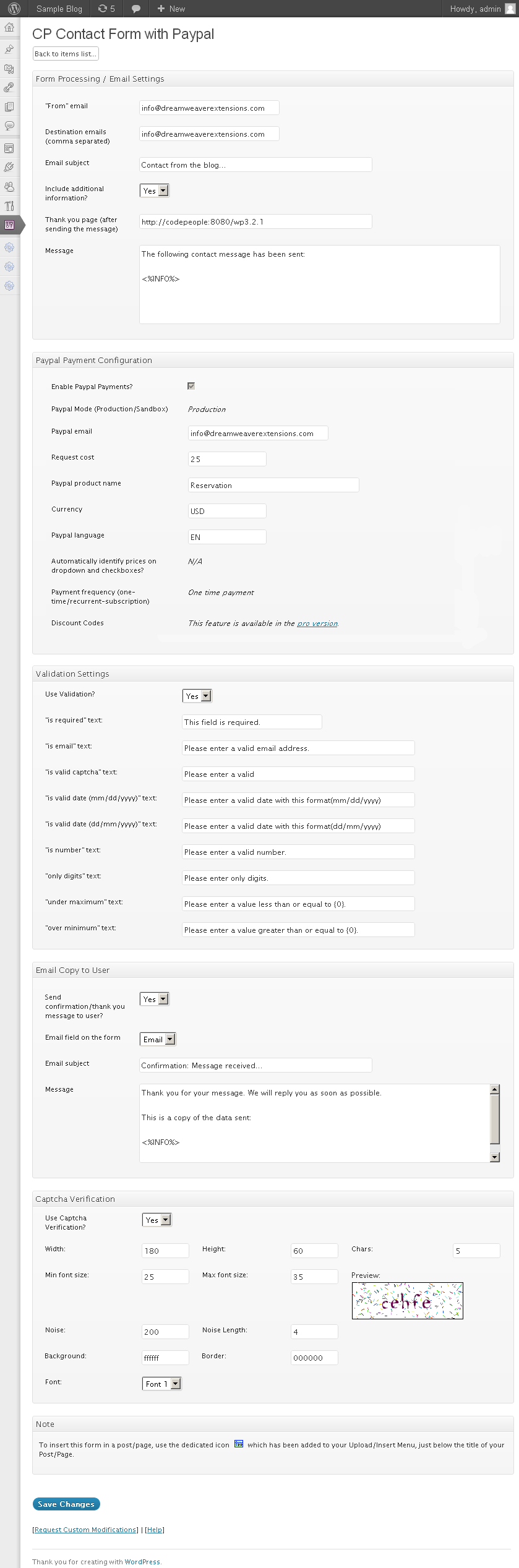 PayPal Contact Form Settings