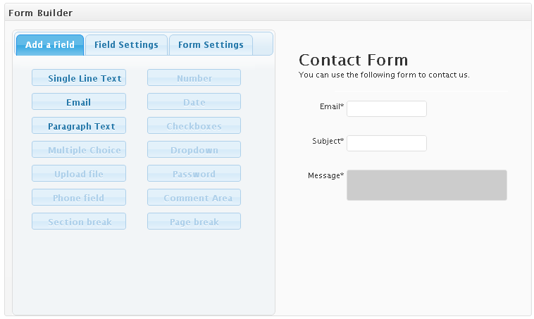Adding fields to the contact form using the form creator