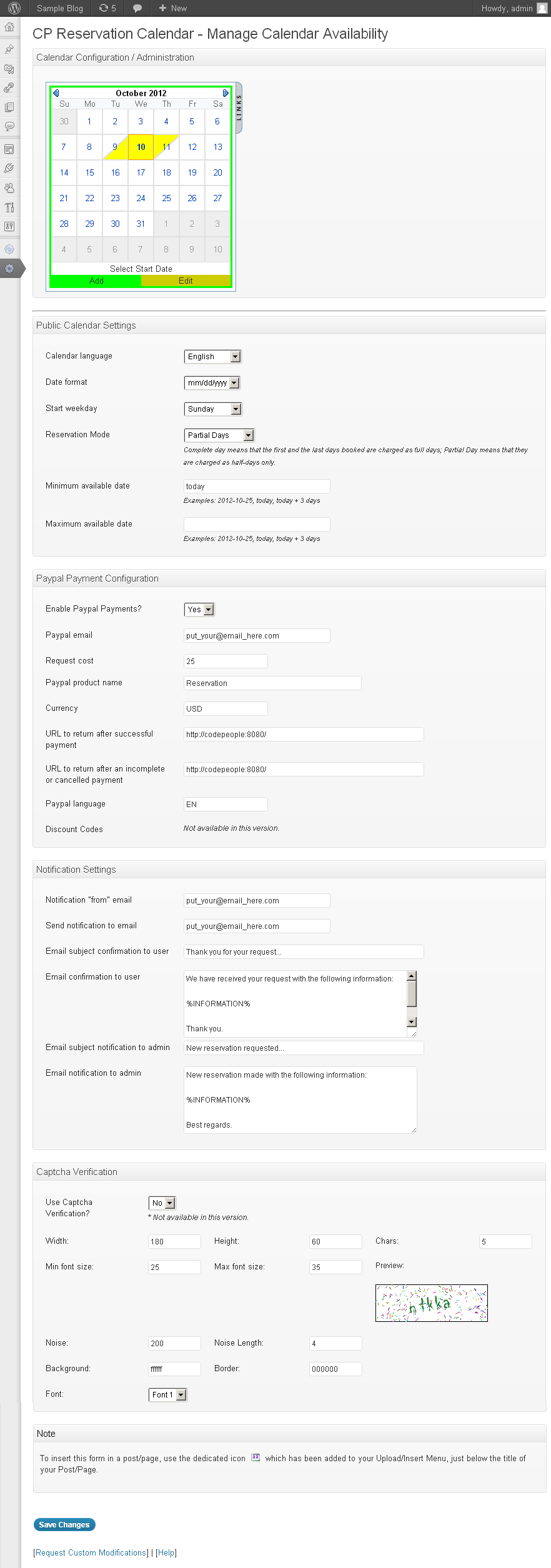 Booking calendar configuration and administration.