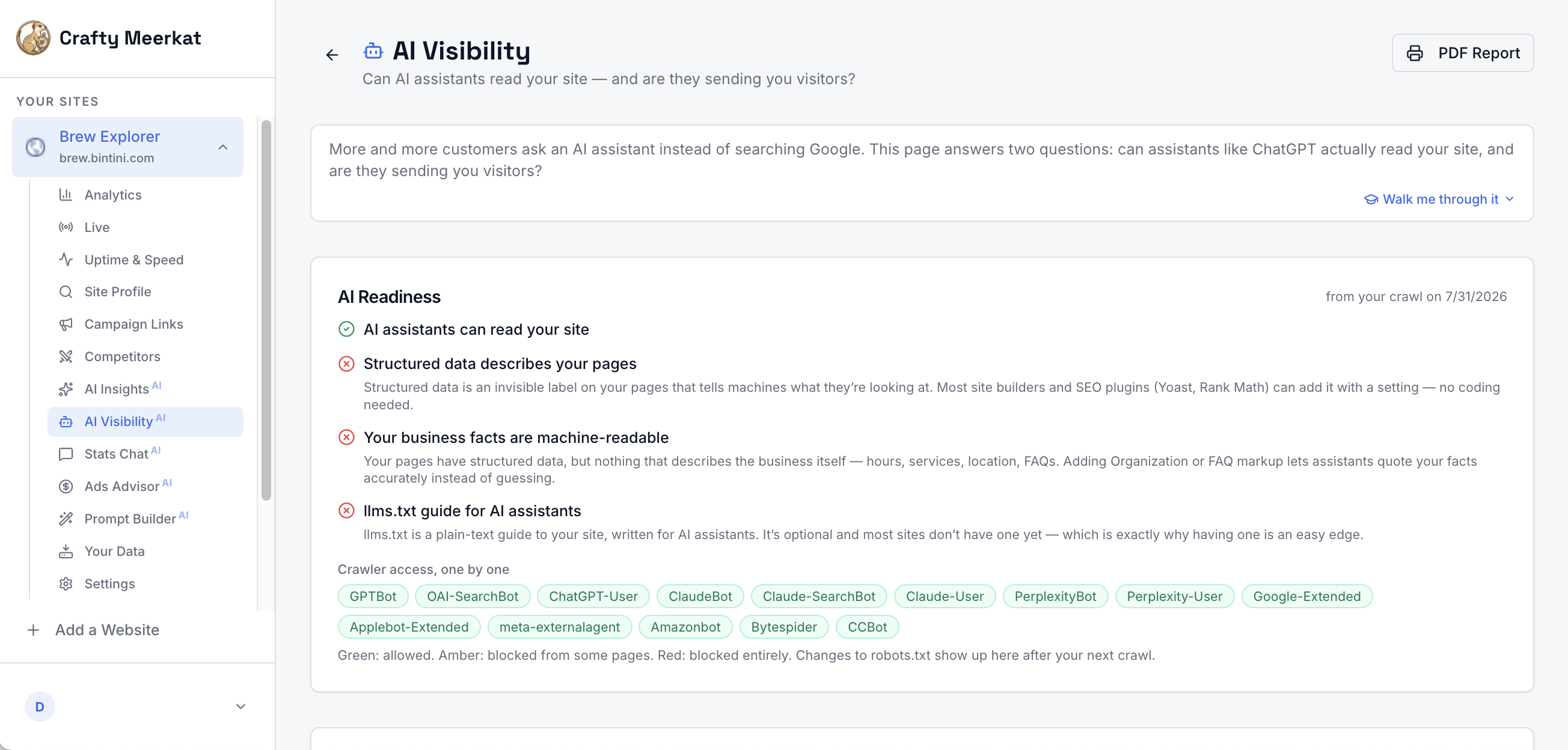 AI Visibility: see whether ChatGPT, Claude, Perplexity, and other assistants can read your site, and host an llms.txt guide with one click.