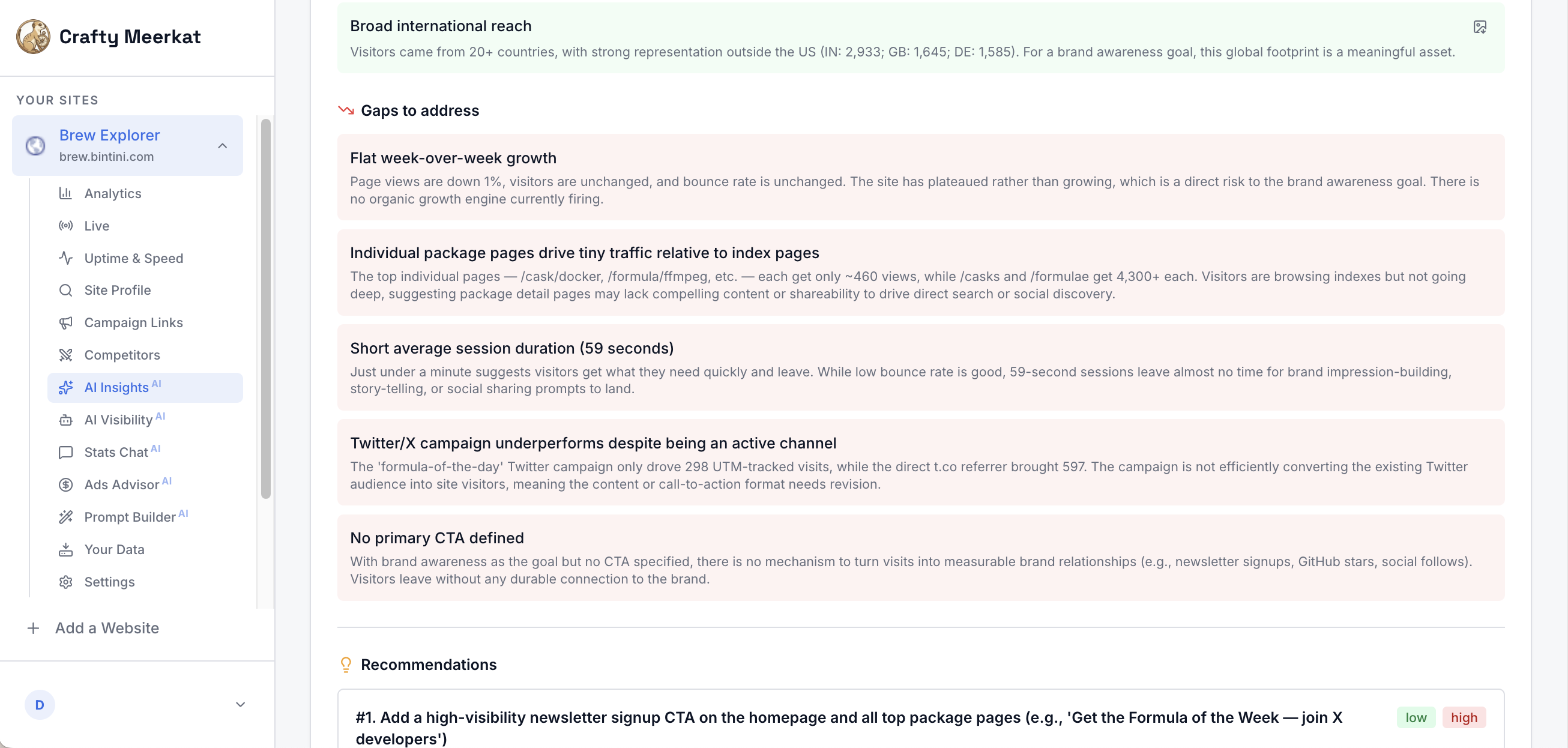 The weekly AI action plan: what's working, what needs fixing, and ranked recommendations.