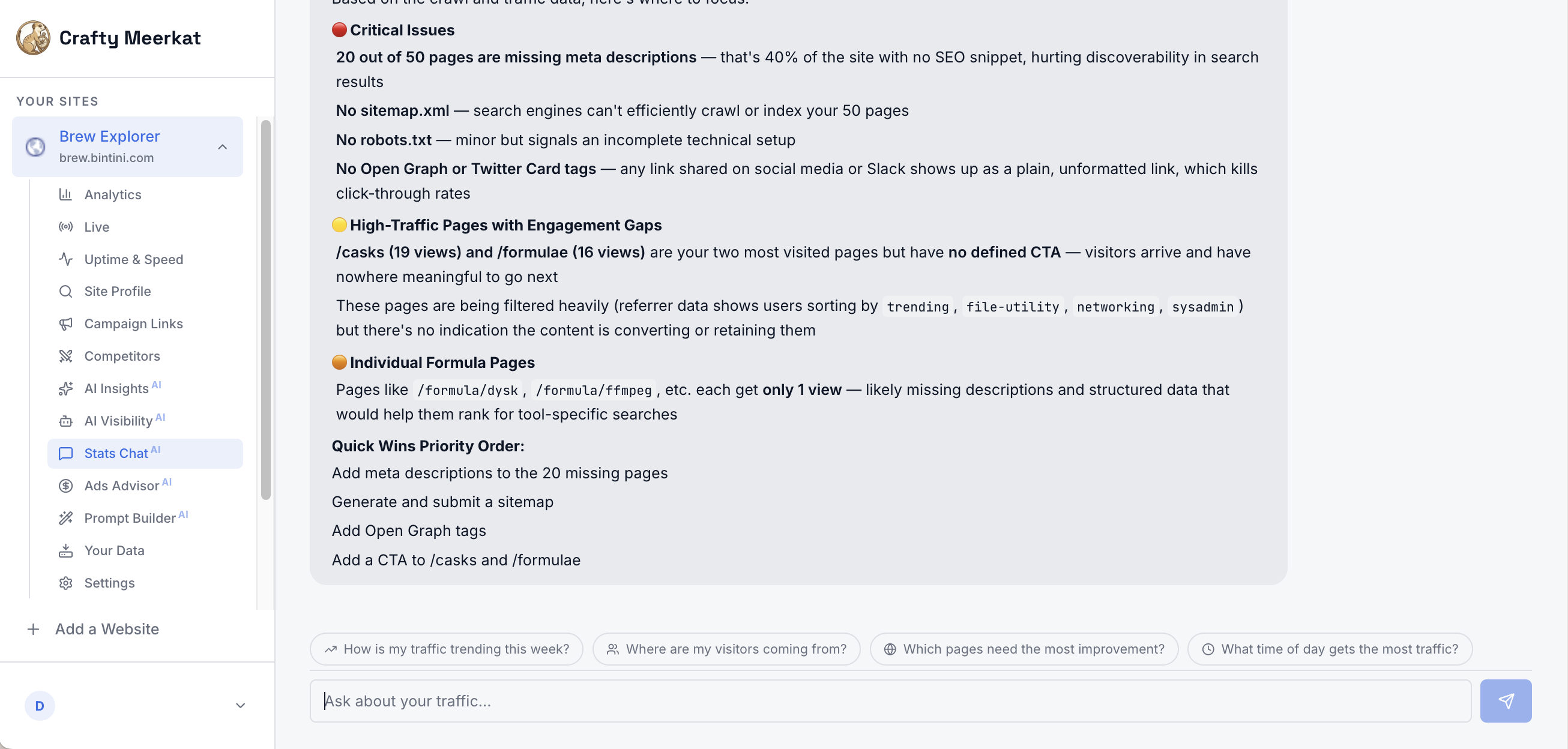 Ask Stats Chat a question about your traffic in plain English.