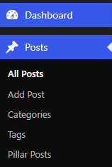 The Pillar Posts submenu under Posts.
