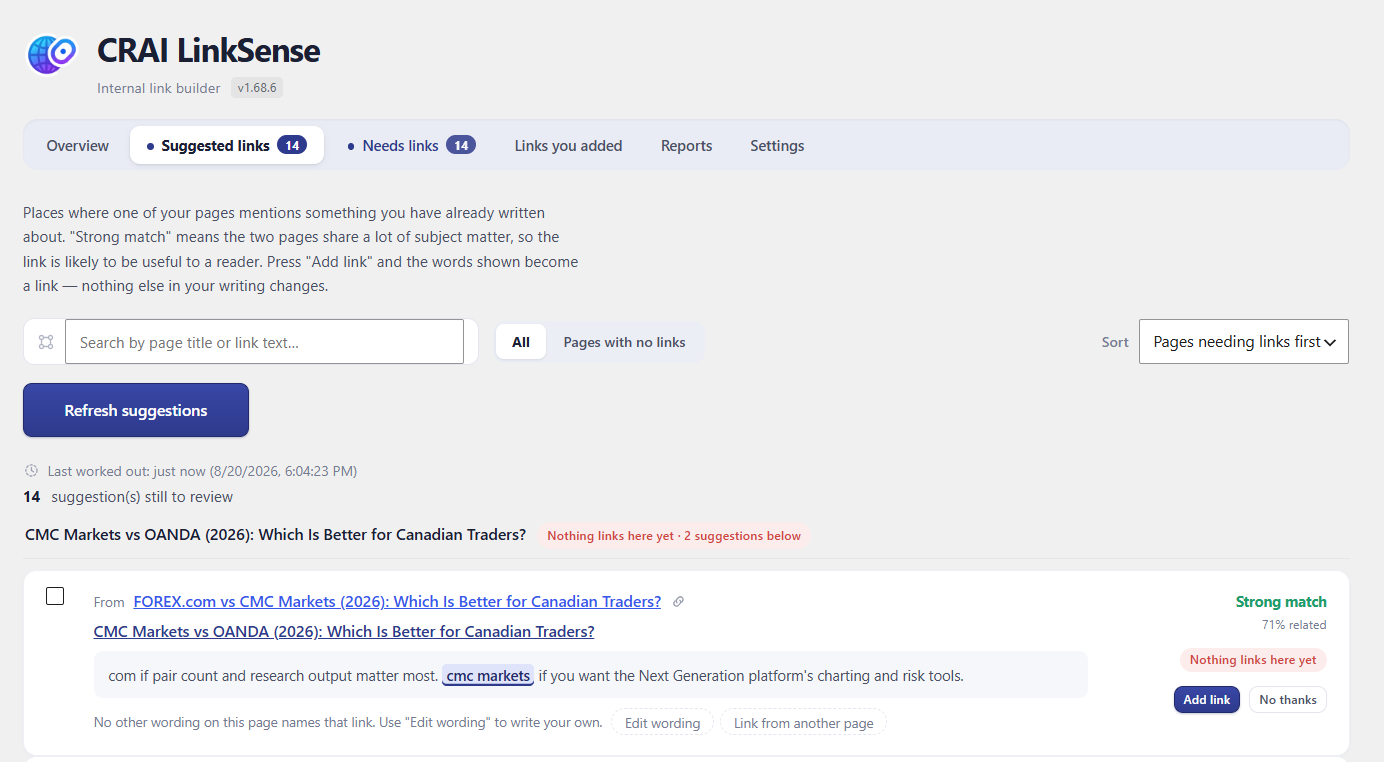 Suggested links, each showing the sentence the link would sit in and alternative wording to choose from.