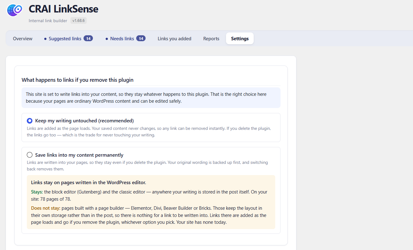 Choosing what happens to your links if the plugin is ever removed.
