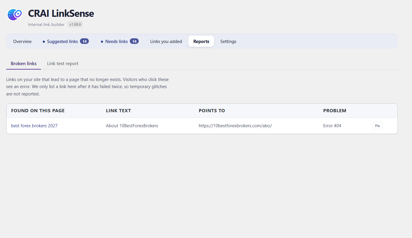 The link text report, flagging wording that is vague, over-used, or points to several different pages.