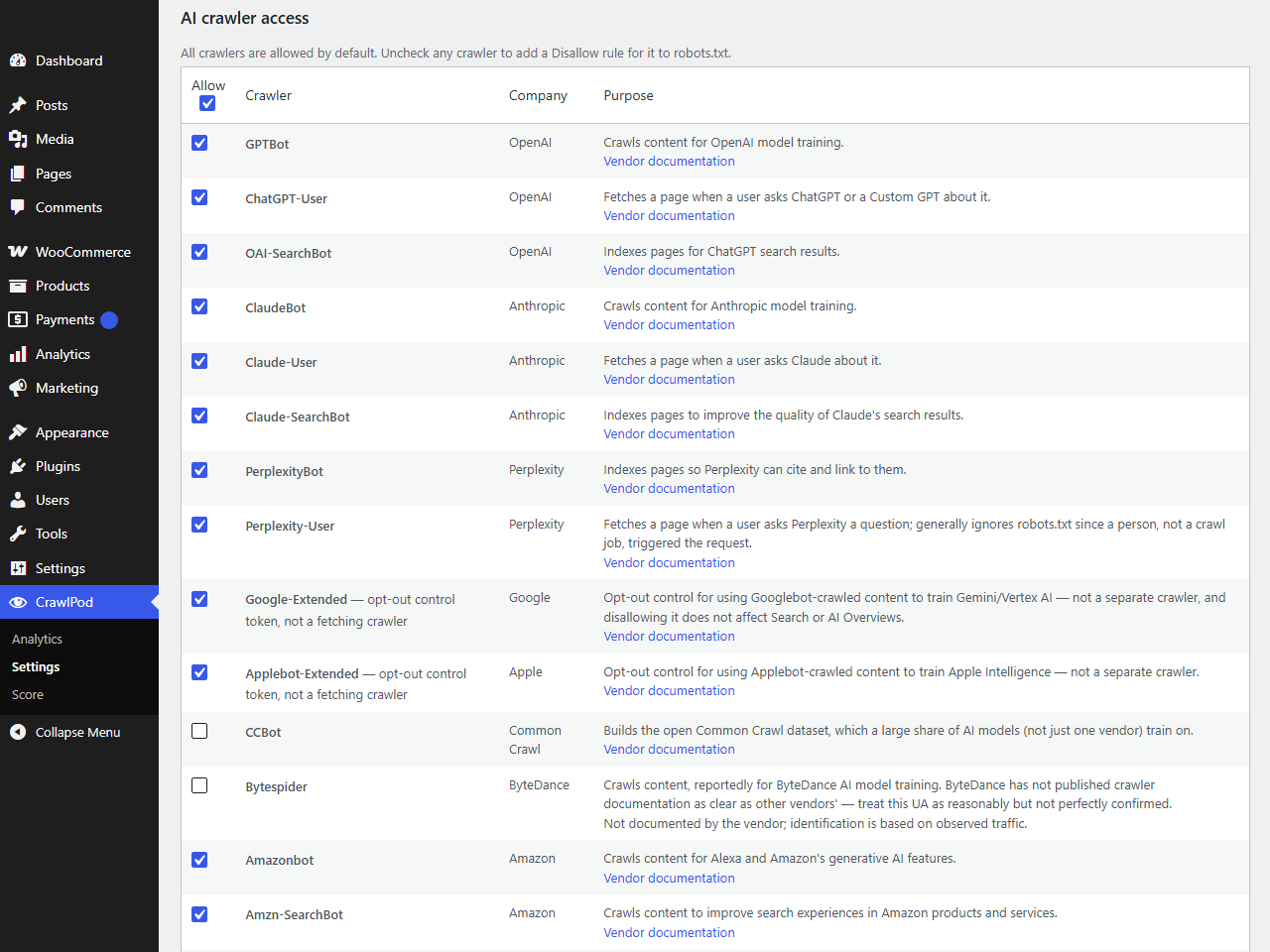 Allow or block GPTBot, ClaudeBot, PerplexityBot, and the rest individually, with a link to each vendor's own crawler documentation.