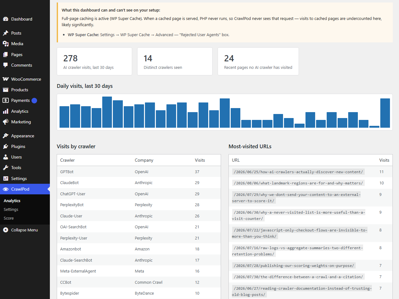 See exactly which setting to change when a caching plugin is preventing crawler visits from being logged.