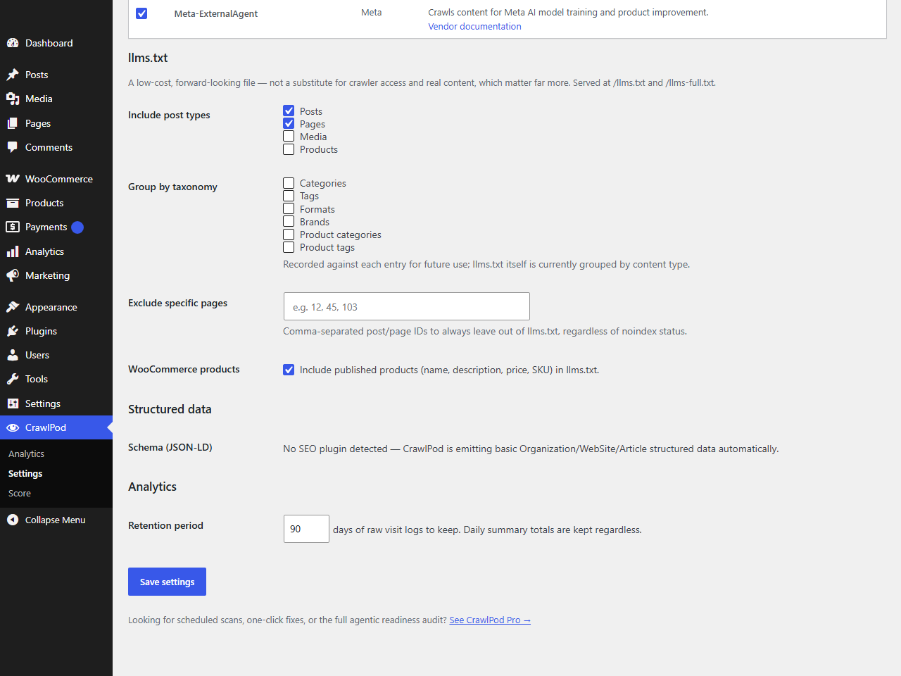 Choose which post types, taxonomies, and pages are included when llms.txt and llms-full.txt are generated.
