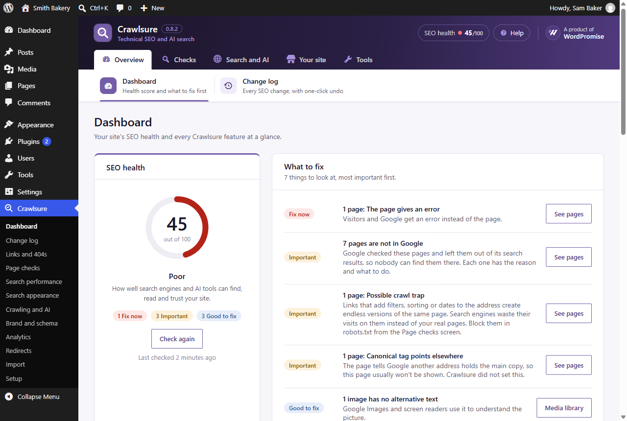 Dashboard: your SEO health score and what to fix first, in plain English.