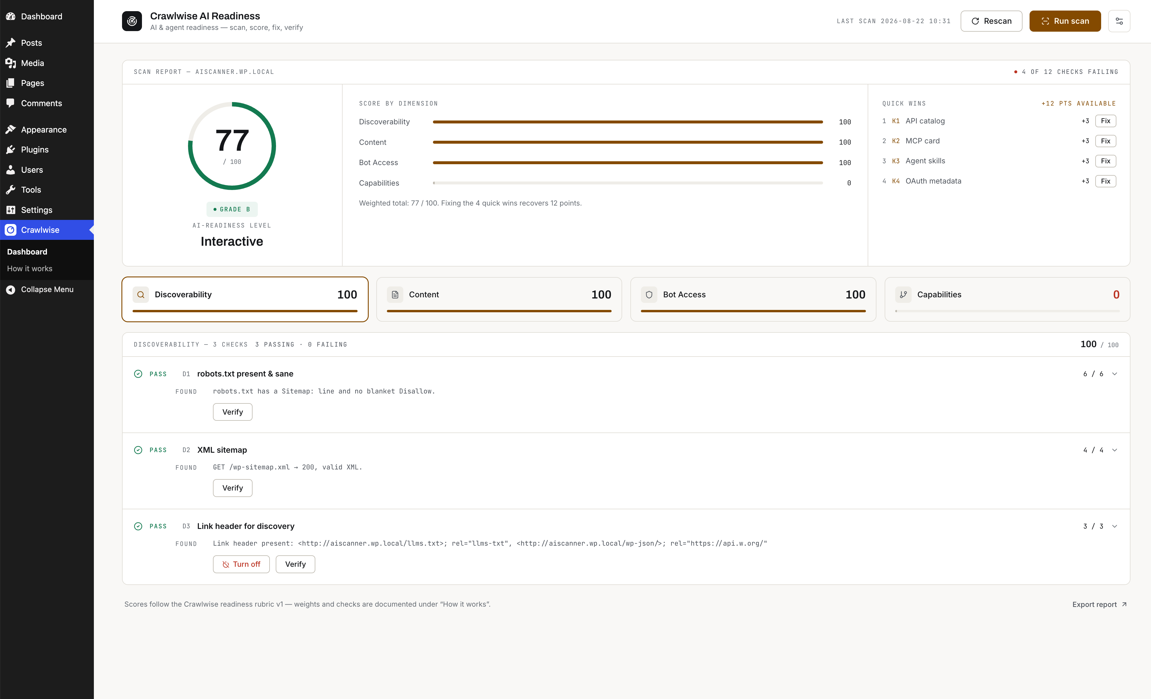 The dashboard: overall score, per-dimension breakdown, ranked quick wins, and every check with its evidence and one-click fix.