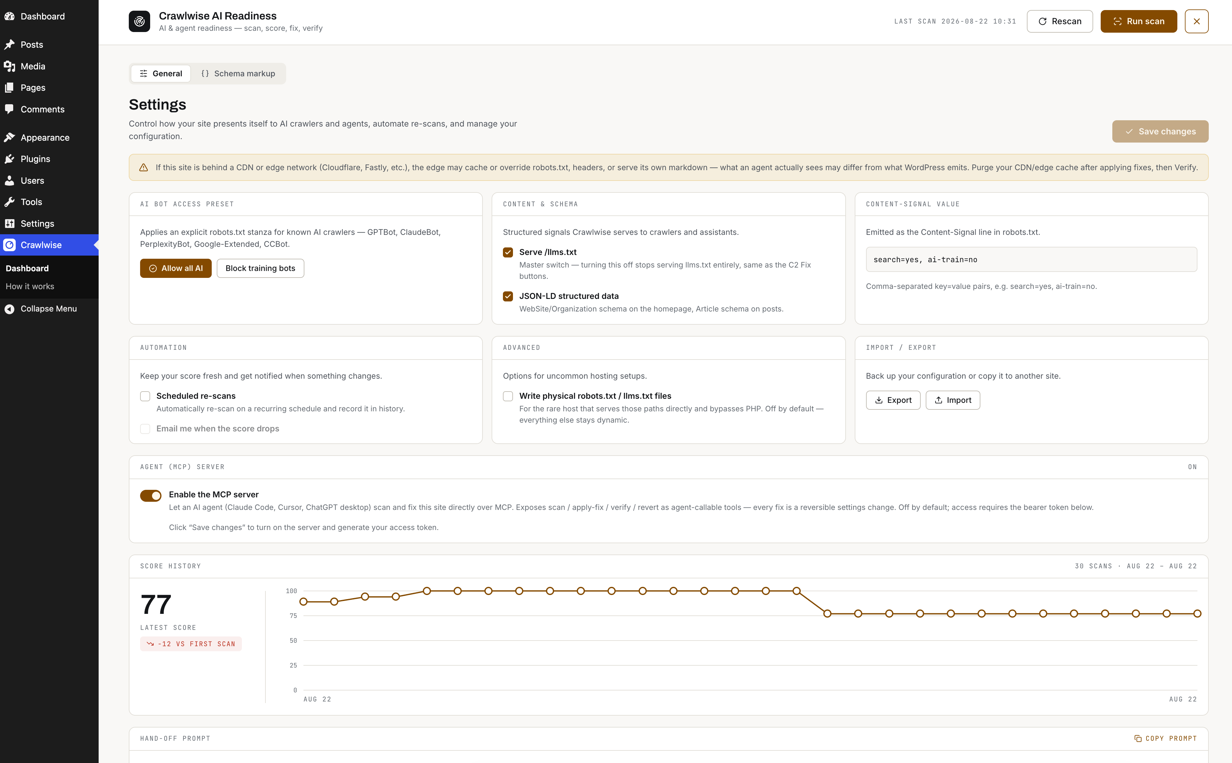 General settings — bot access presets, structured signals, automation, the agent (MCP) server, and score history.