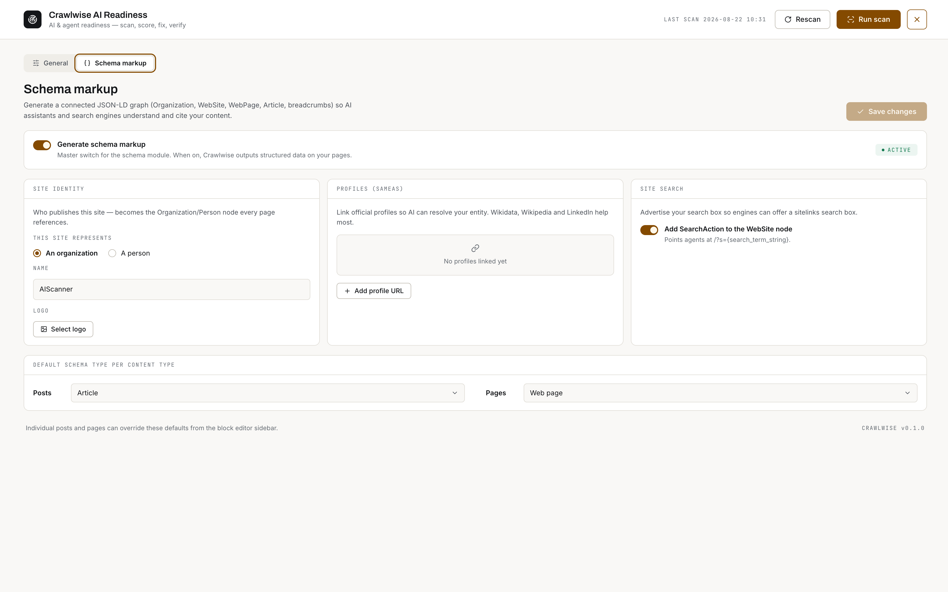 Schema markup settings — site identity, sameAs profiles, site search, and default schema type per content type.