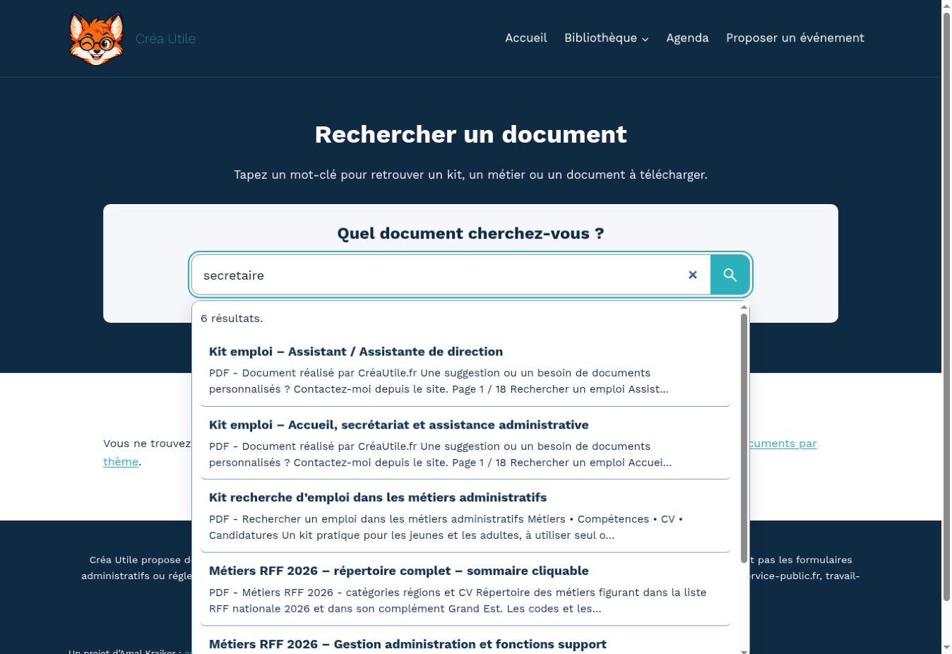 Live PDF search on the Crea Utile website, with results beneath the search field. Appearance depends on the theme and form settings.