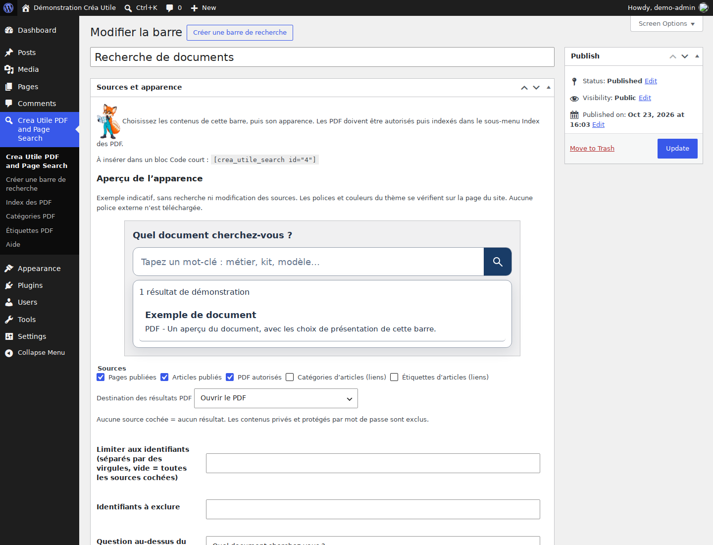 Search form settings: appearance preview, selected content sources and PDF result destination. Shown on a demonstration site.