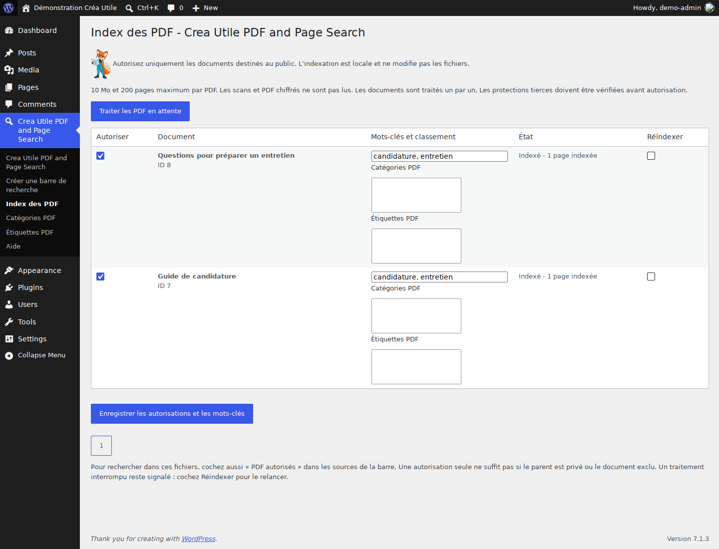 PDF index: public document approval, keywords, classifications and successful indexing status. Documents shown are fictional examples.