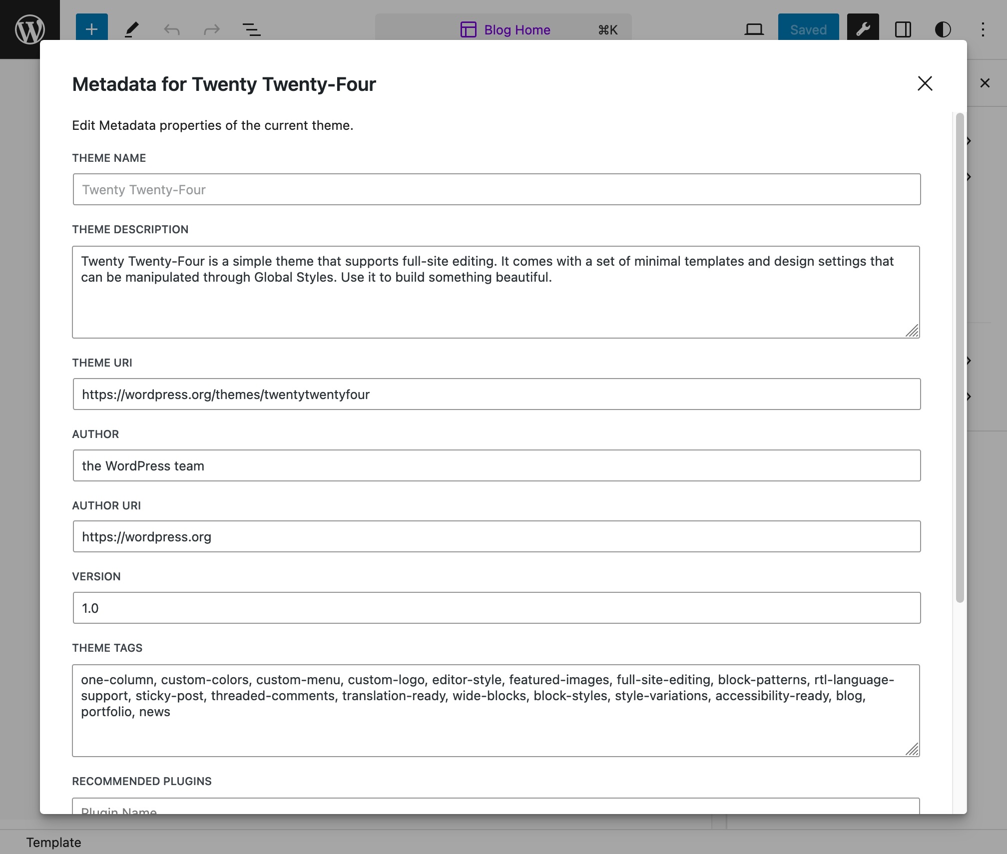 Theme Metadata editing panel in the WordPress Editor