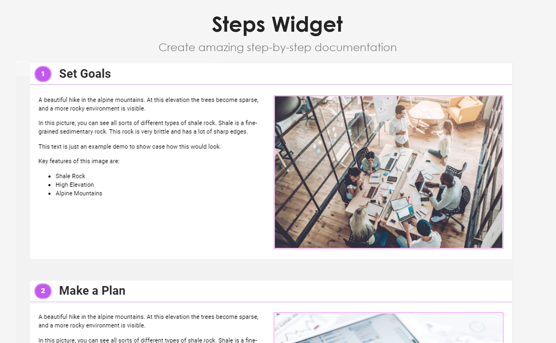 <p>Steps Widget examples</p>