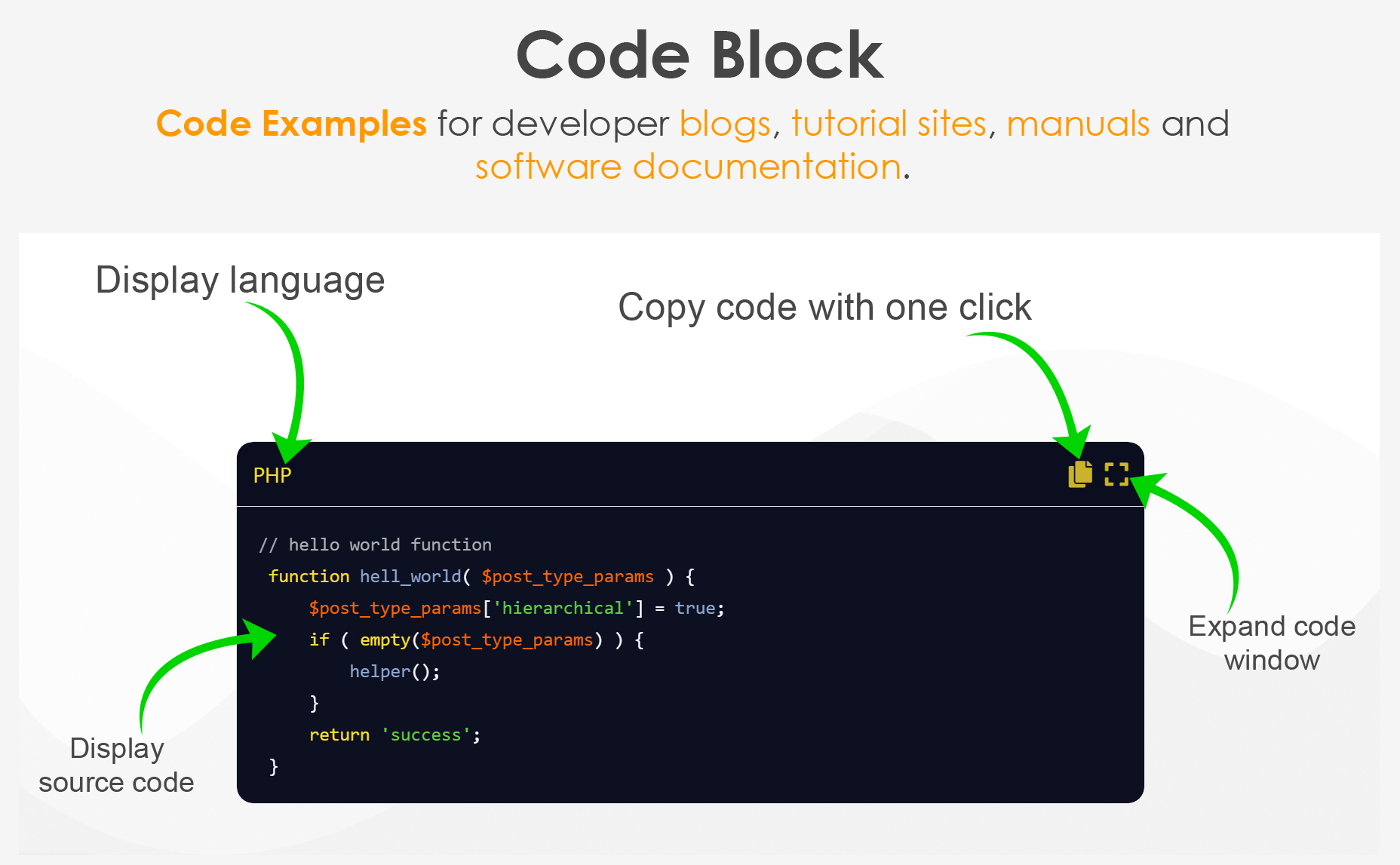 <p>Code Block examples</p>