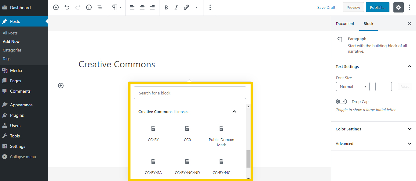 If you are creating a page or a post with the Gutenberg editor, you can include license to any content or the page/post itself by CC Gutenberg blocks. They are bundled in a seperate category "Creative Commons Licenses".