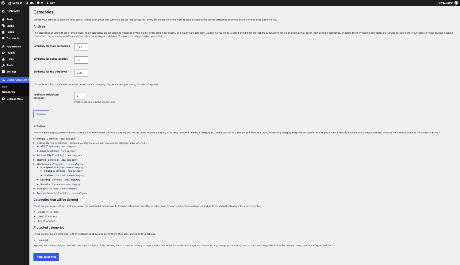 The Categories page with a preview: the tree on three levels, the number of articles in each category and what happens to it, the categories that will be deleted and the protected ones. Nothing changes on your site until you press "Apply categories".