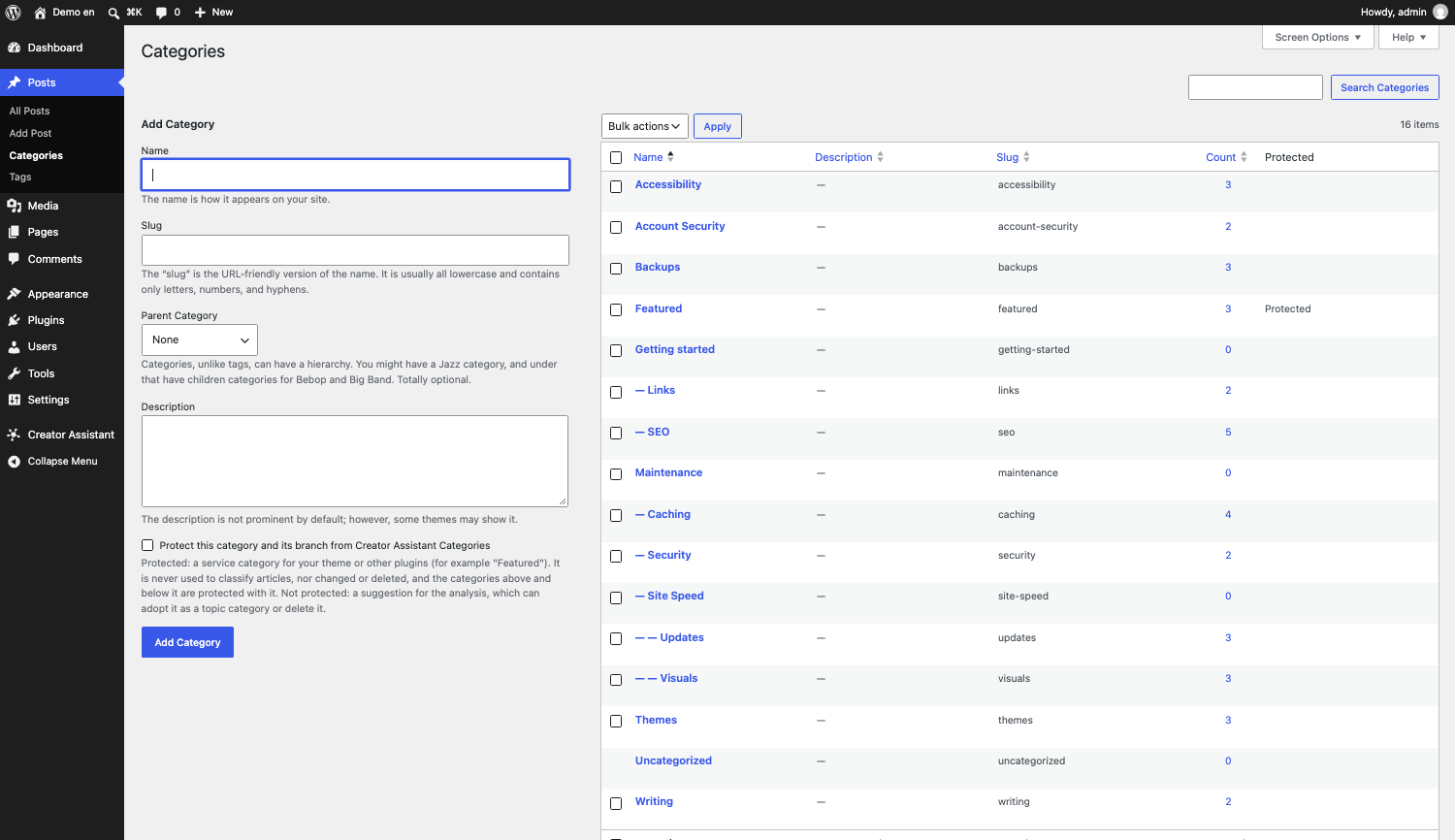 Posts > Categories after the preview is applied: main categories, subcategories and a third level. "Featured" is protected, so it stays with its articles.