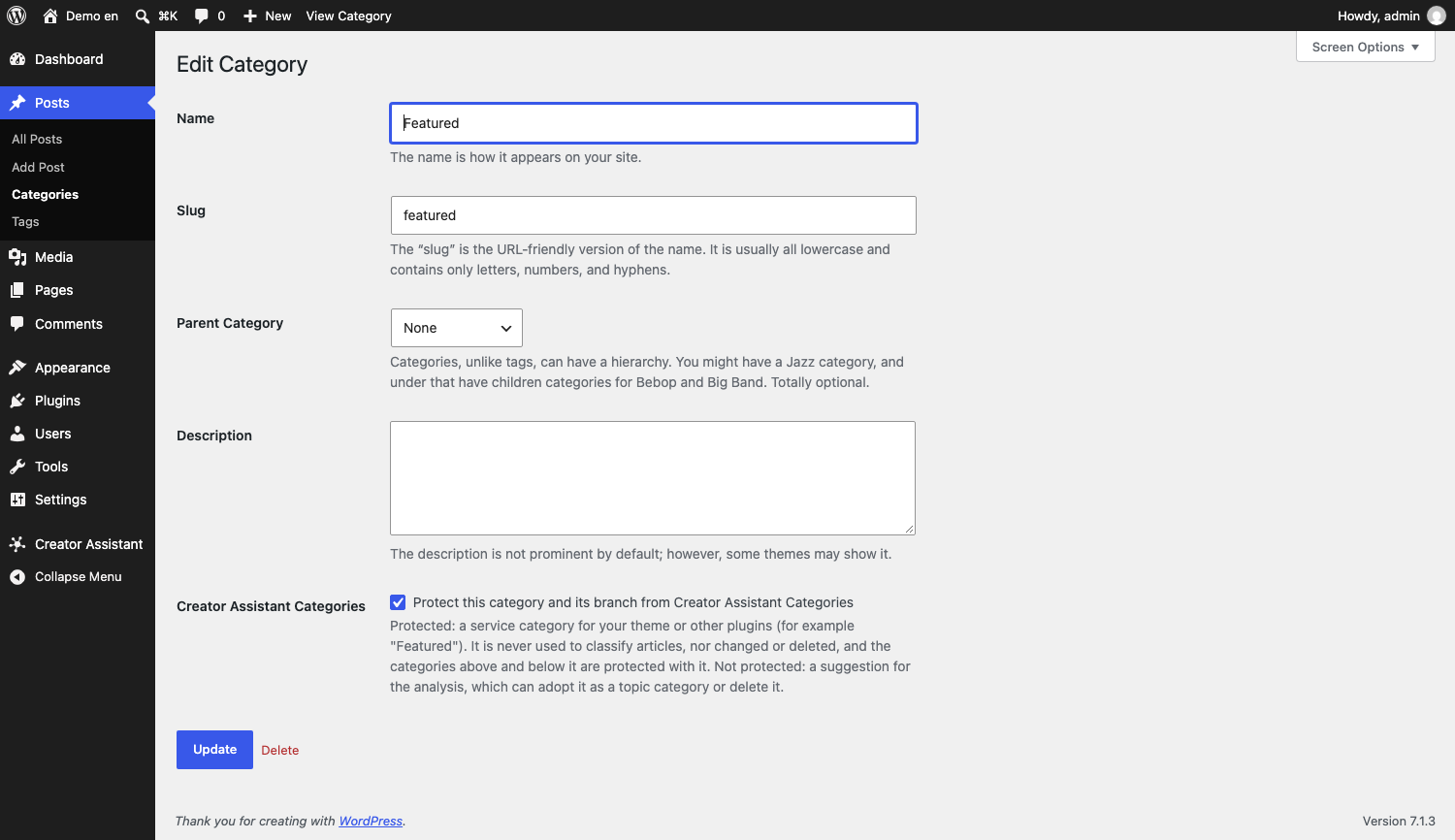 Protecting a category: tick the box when you edit it, and the analysis never changes, deletes or uses it to classify articles.
