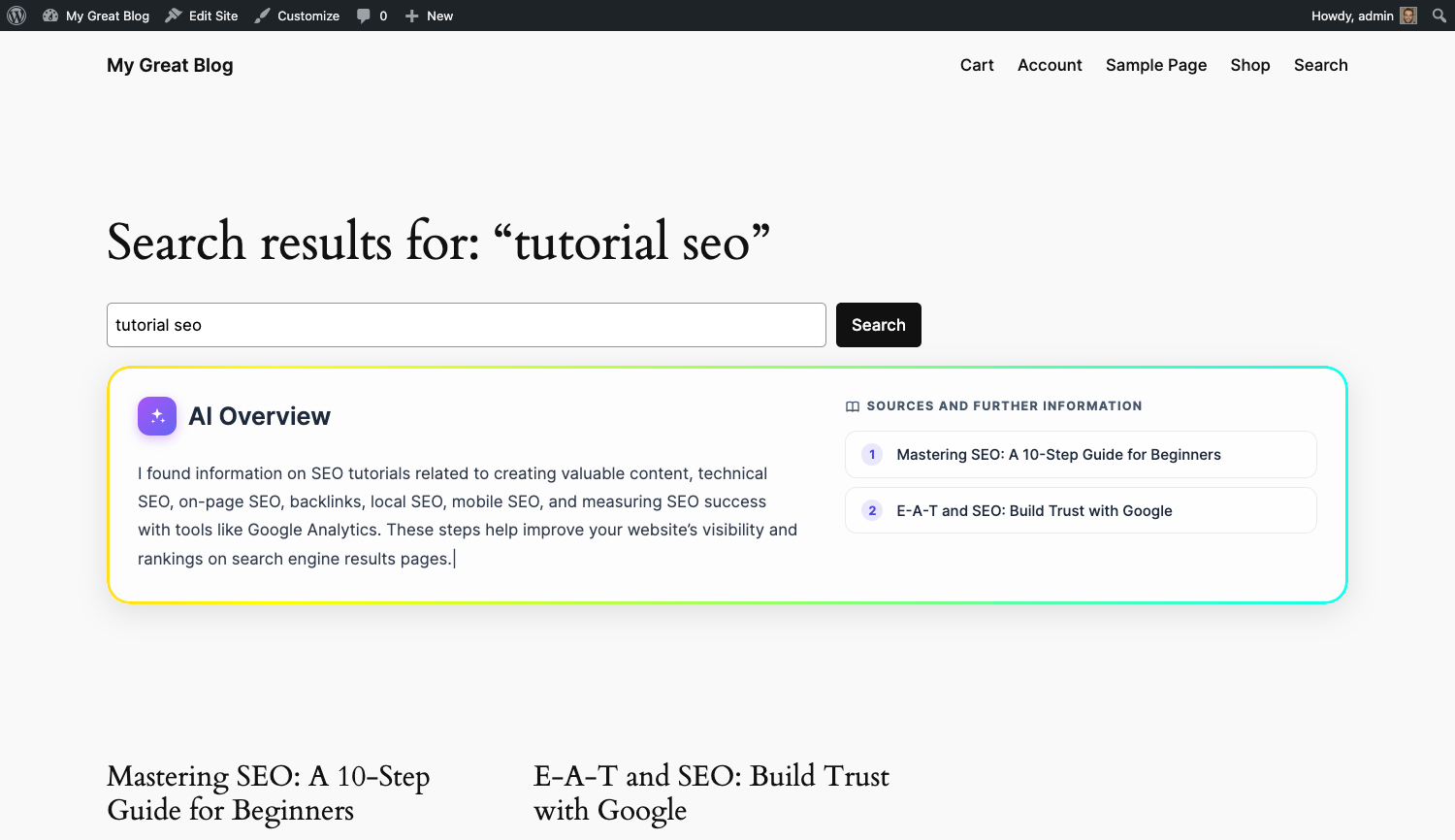 The AI Overview panel with source attribution, displayed above search results in a block theme.