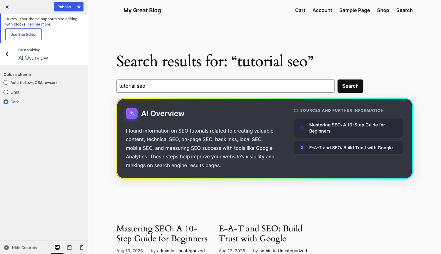 The AI Overview panel in dark mode.