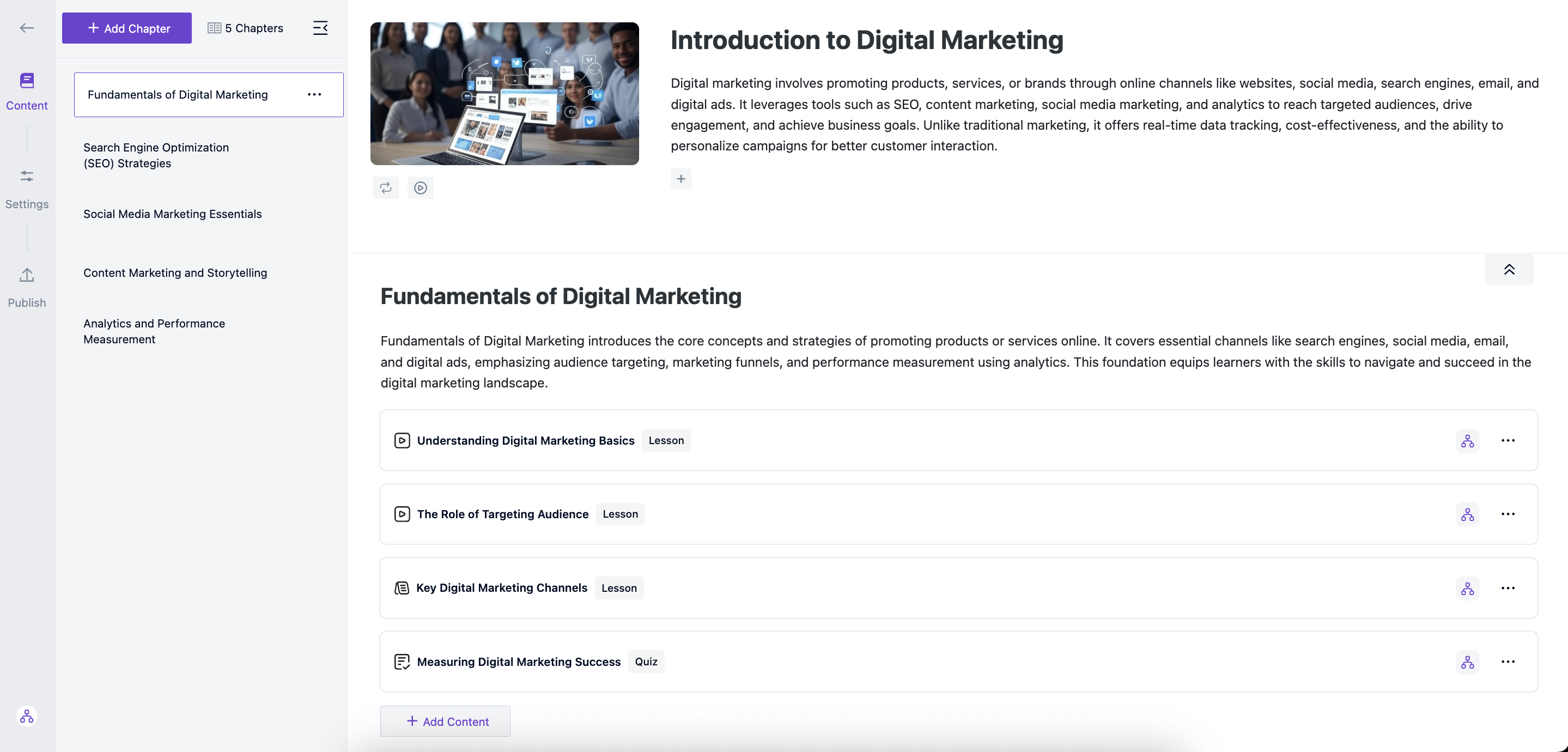 Course builder UI with chapters and lessons